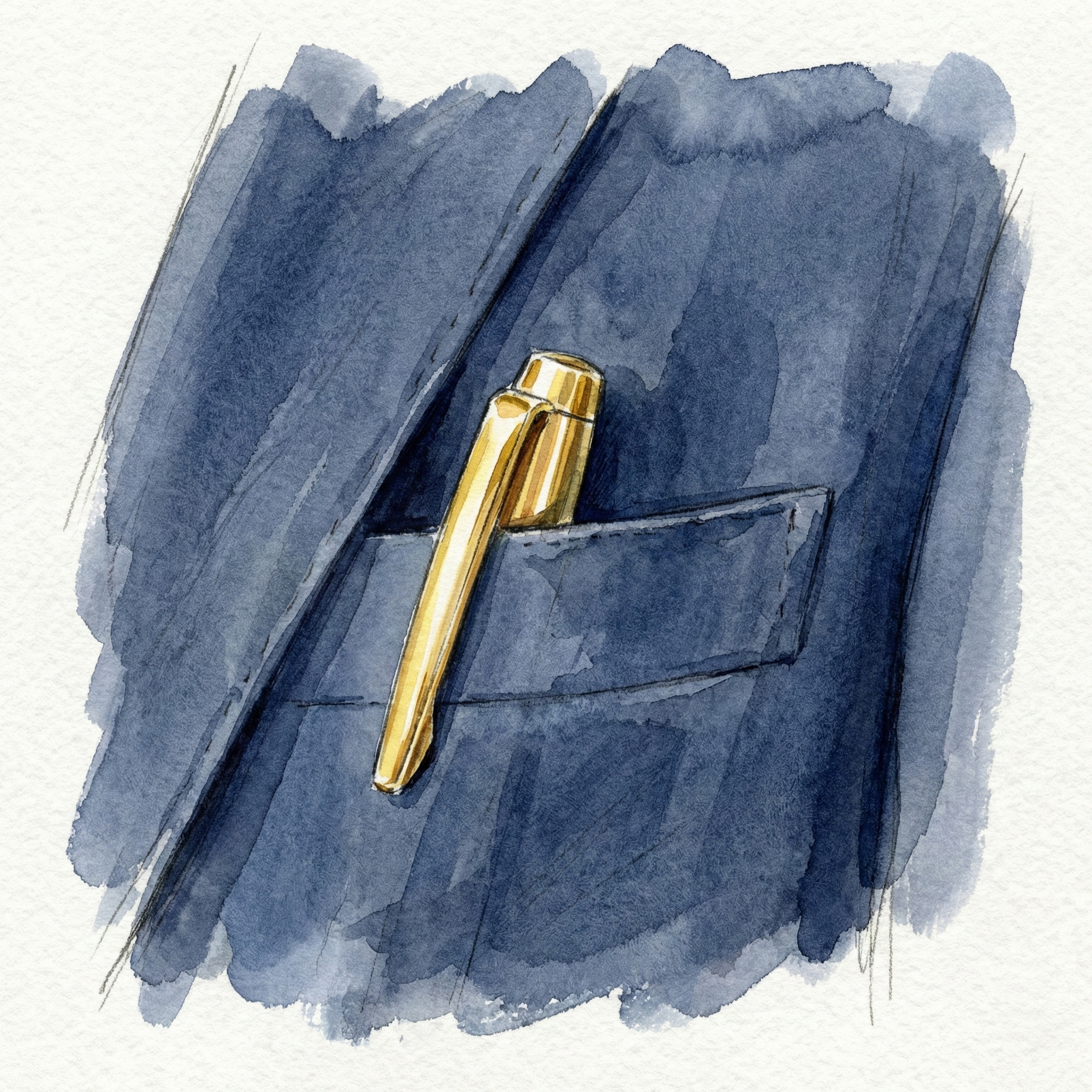 Close-up illustration of a precision metal clip on a premium ballpoint pen tucked into a suit's breast pocket