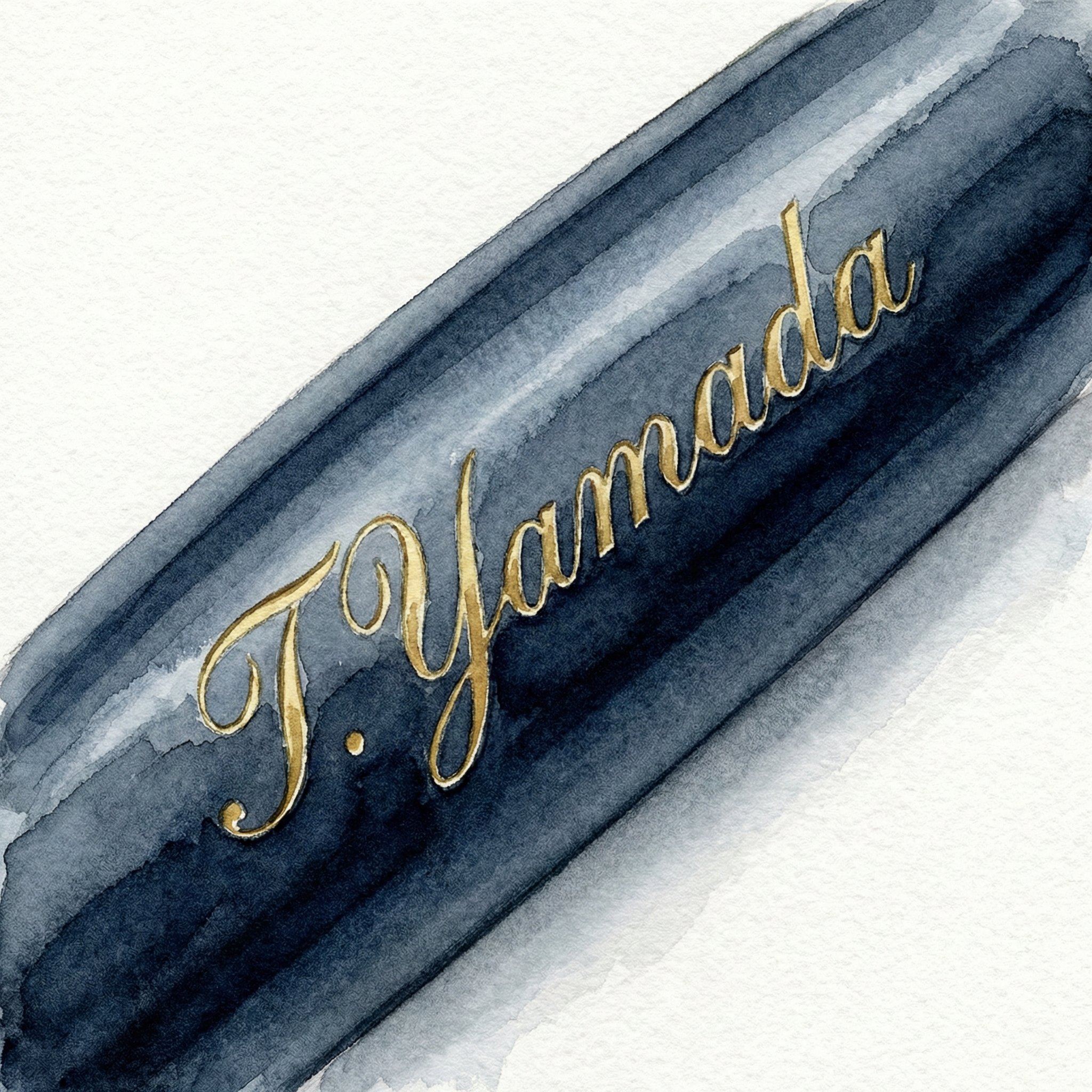 Illustration of a ballpoint pen barrel engraved with script lettering in the style of 'T. Yamada'