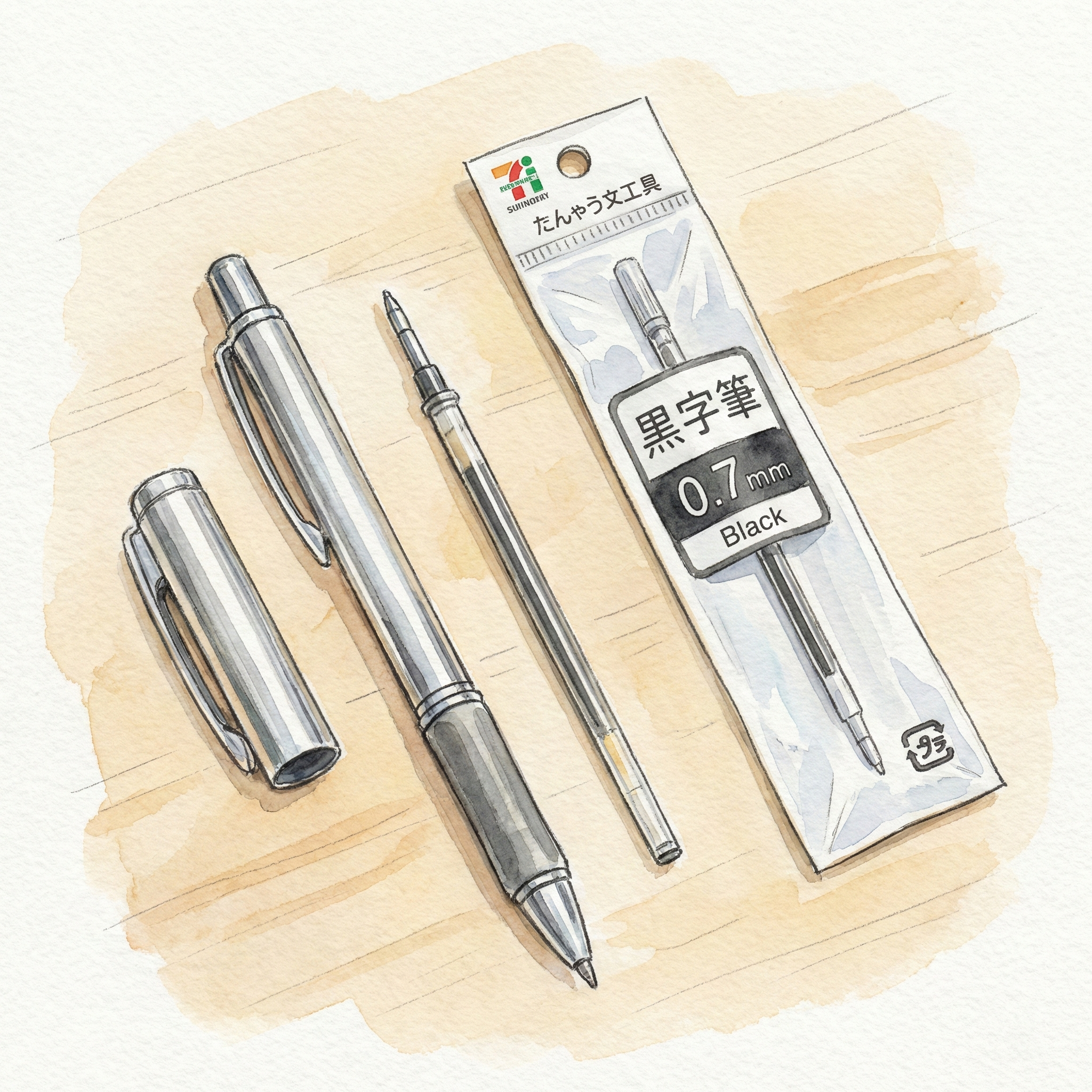 Illustration of a disassembled ballpoint pen with a replacement refill cartridge alongside its retail packaging