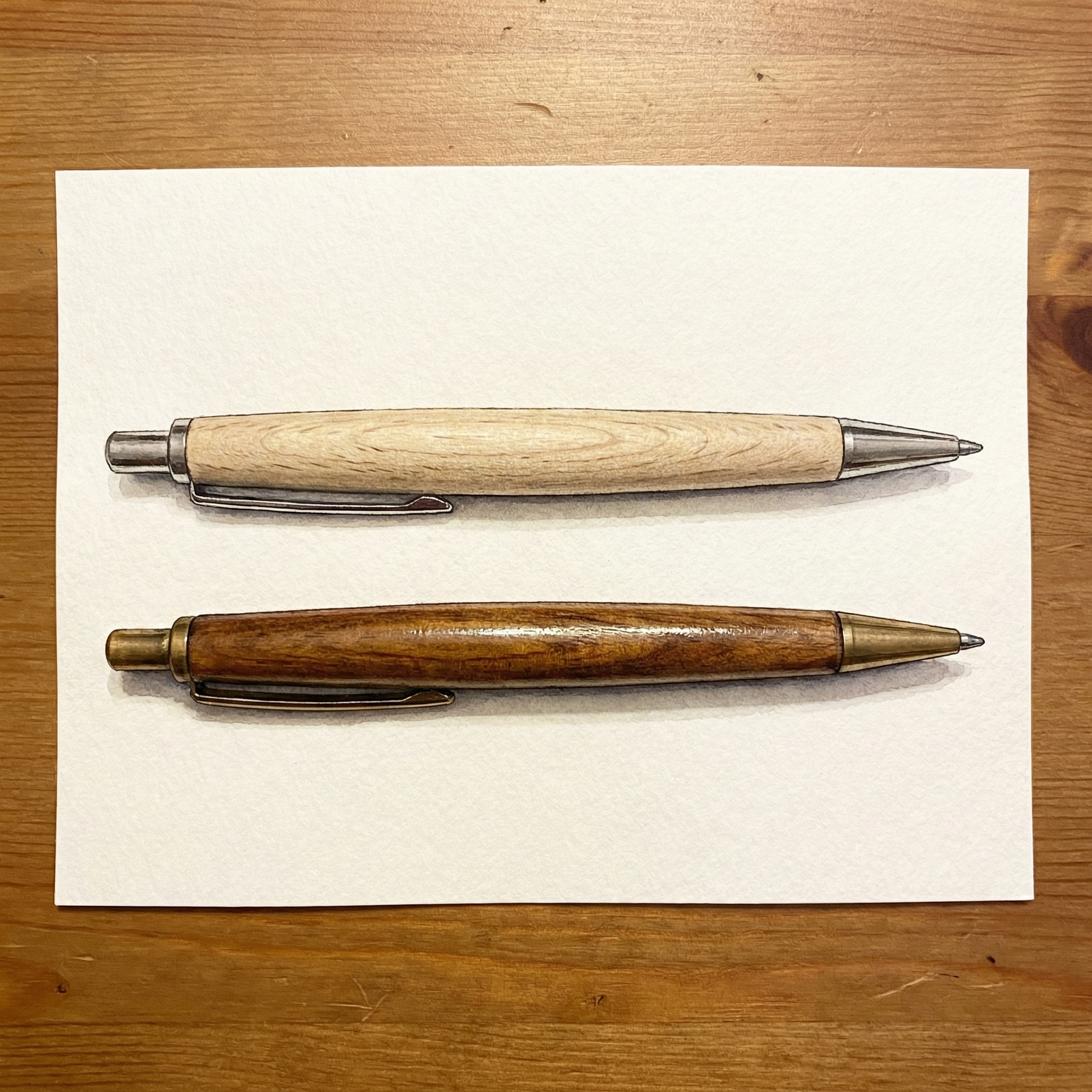 Illustration comparing a well-used wood-barrel ballpoint pen with a rich developed patina next to a brand-new one