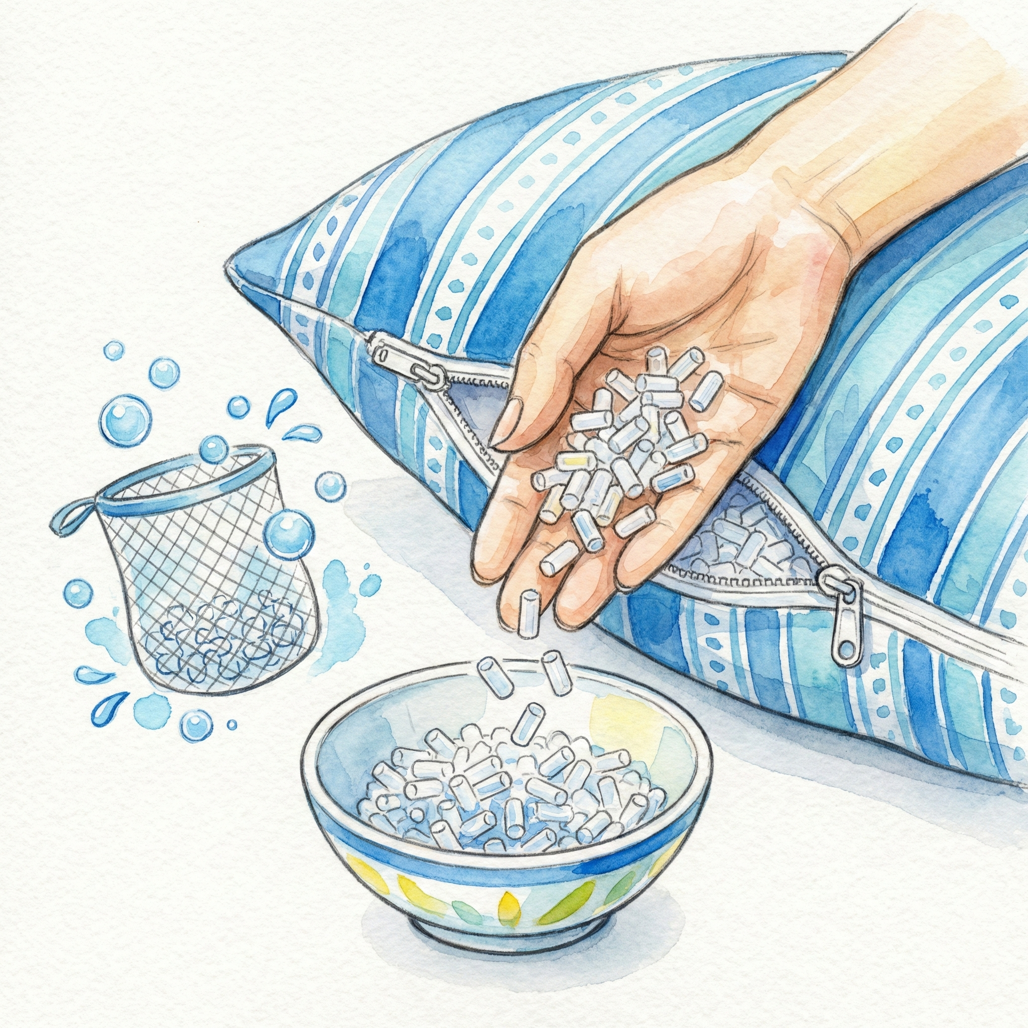 Illustration of a pipe pillow with the zipper open and tubes being removed to adjust height, next to a mesh bag for machine washing