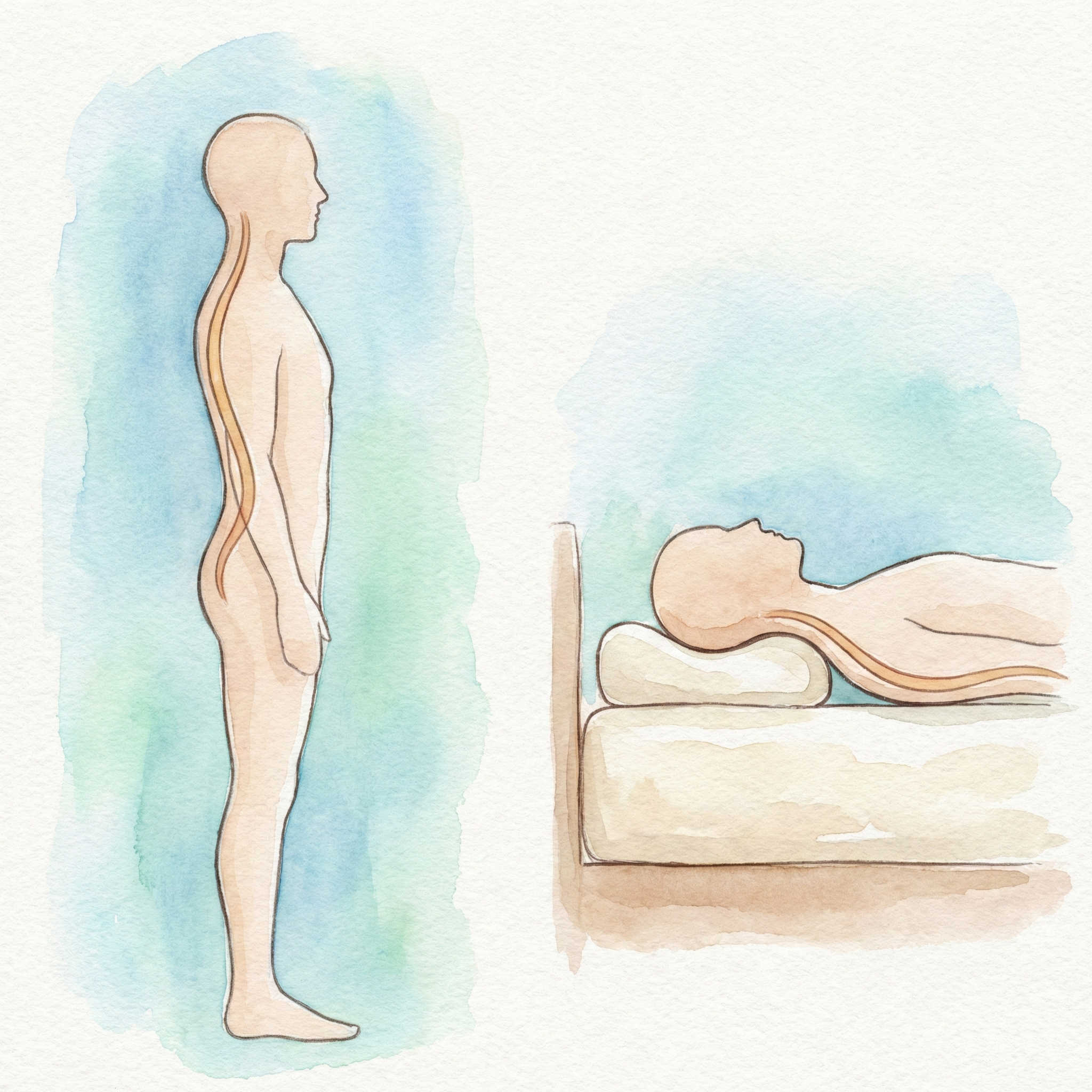 Comparison illustration showing the same natural S-curve spine alignment when standing upright and when lying on the correct pillow