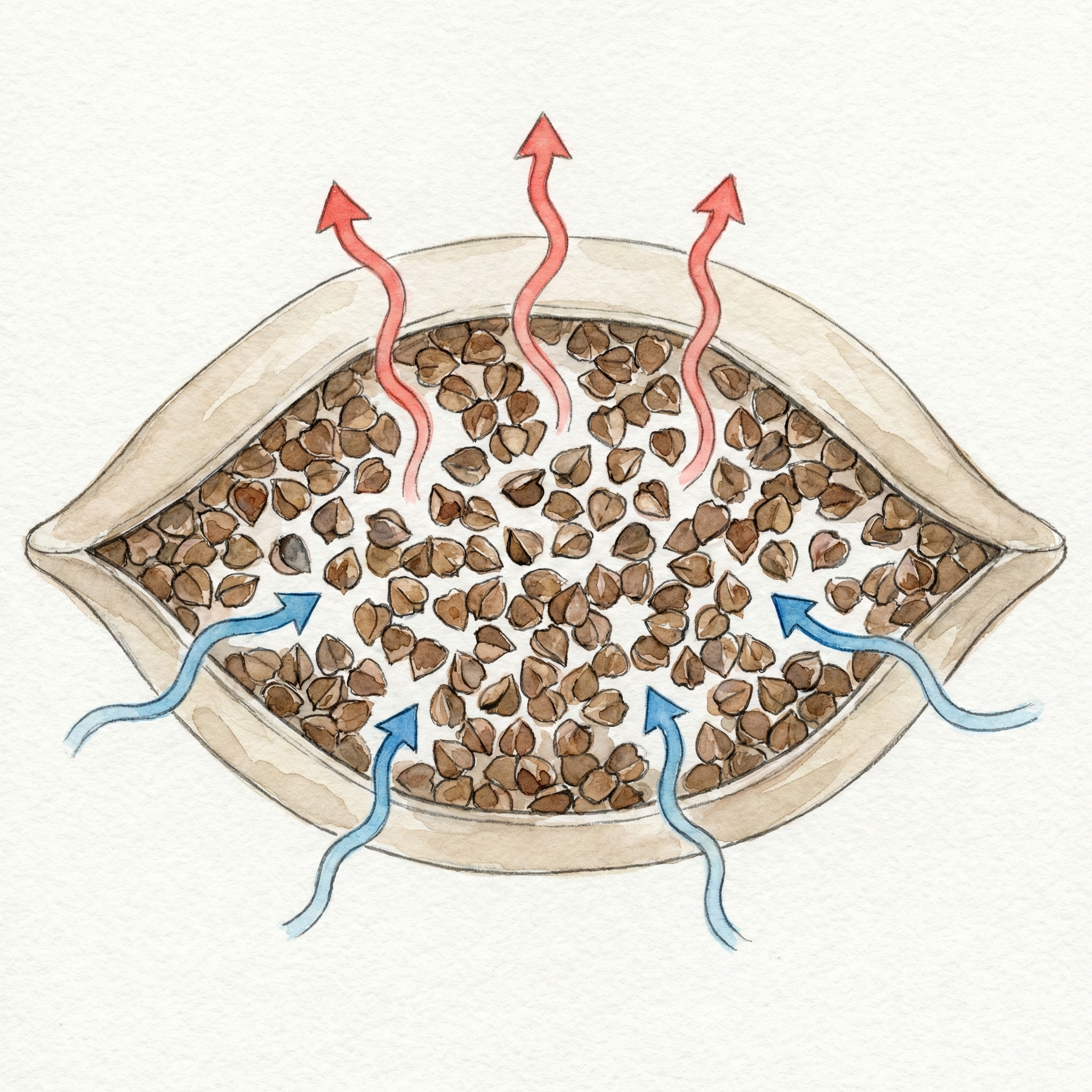 Cross-section diagram of a buckwheat pillow showing gaps between husks allowing heat and moisture to escape from the head