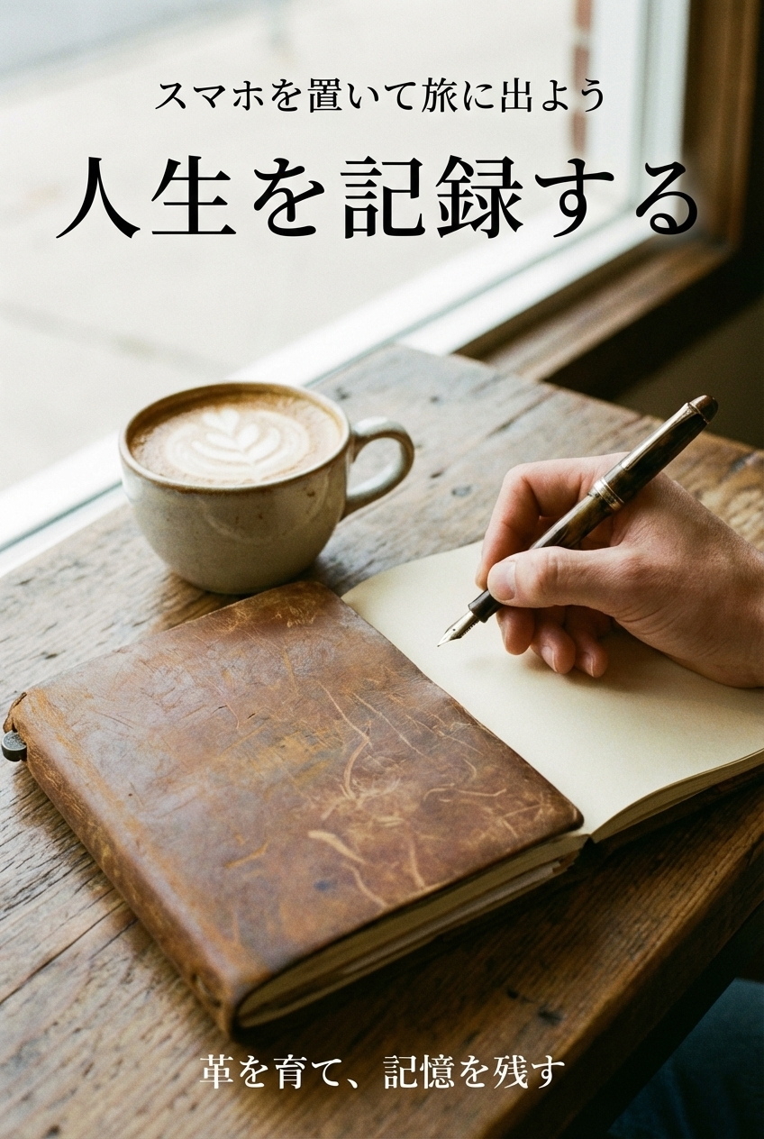 A well-worn leather planner open on a café table next to a cup of coffee — an unhurried morning ritual