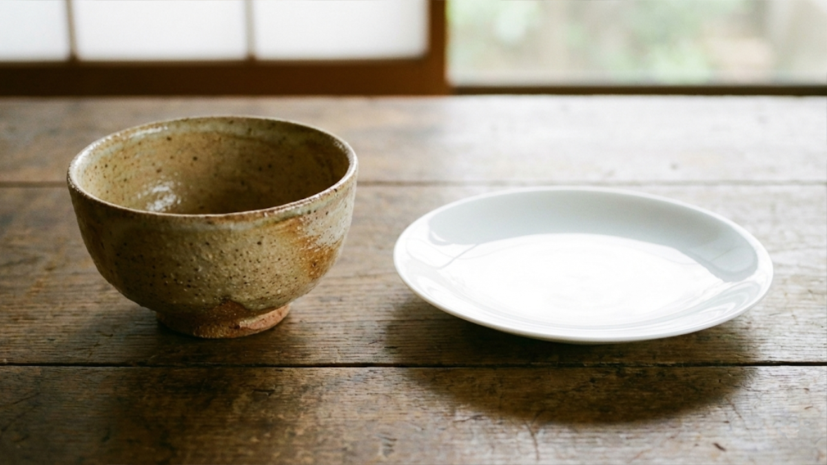 Side-by-side comparison of a rustic stoneware rice bowl and a smooth white porcelain plate