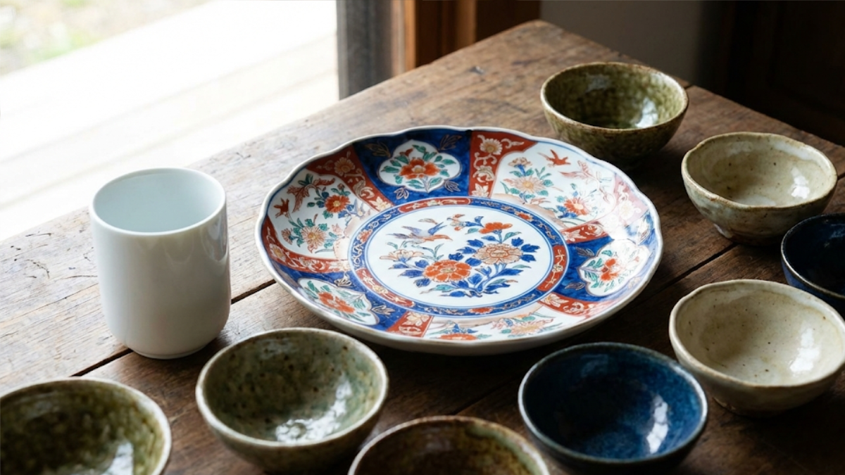 Arita-yaki plate with vivid painted design, a simple Hakusan Toki yunomi, and a set of colorful Mino-yaki small bowls