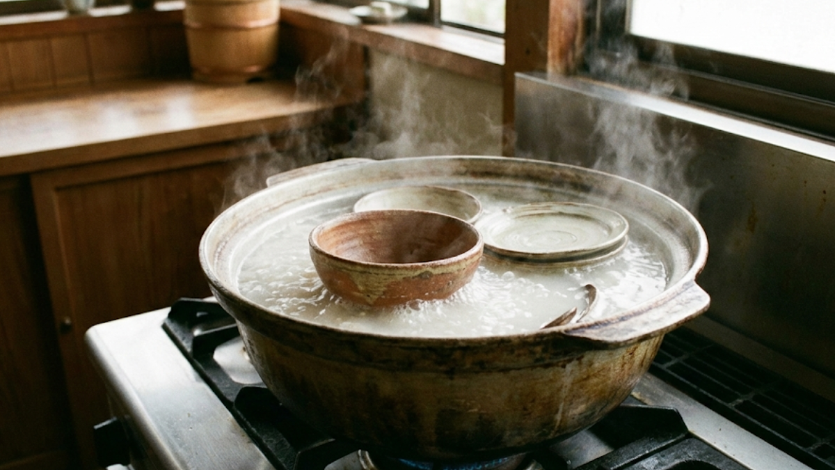 Illustration of a pottery bowl being simmered in rice-washing water for the medome seasoning process