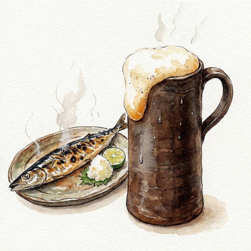 Illustration of a Bizen stoneware beer mug with fine creamy foam, and a Bizen long plate with grilled fish