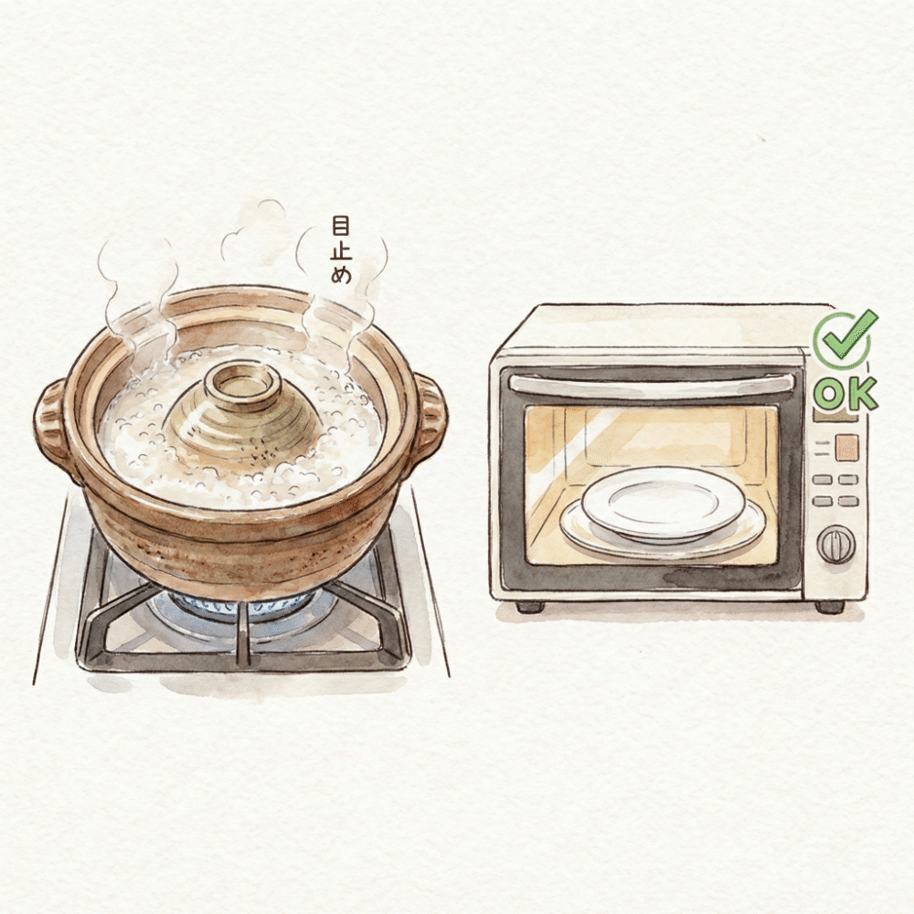 Illustration of a stoneware bowl being conditioned in rice-wash water on a stovetop, and porcelain going safely into a microwave