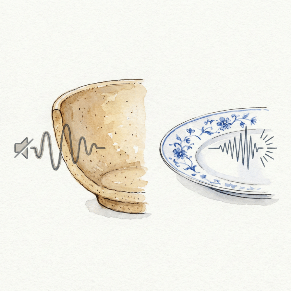 Illustration comparing a thick earthy stoneware bowl with a thin translucent porcelain bowl, including sound and texture differences
