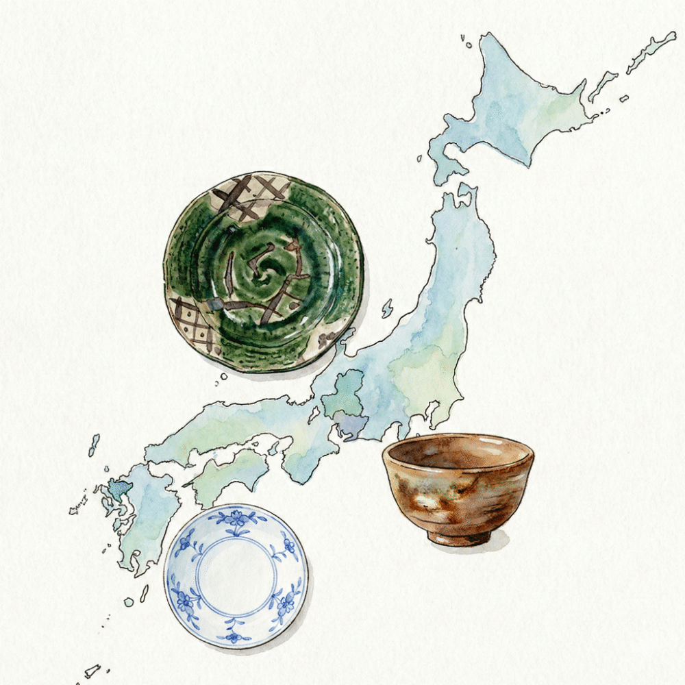 Illustration of three Japanese ceramics side by side: green Mino oribe, rustic Seto stoneware, and blue-and-white Arita porcelain