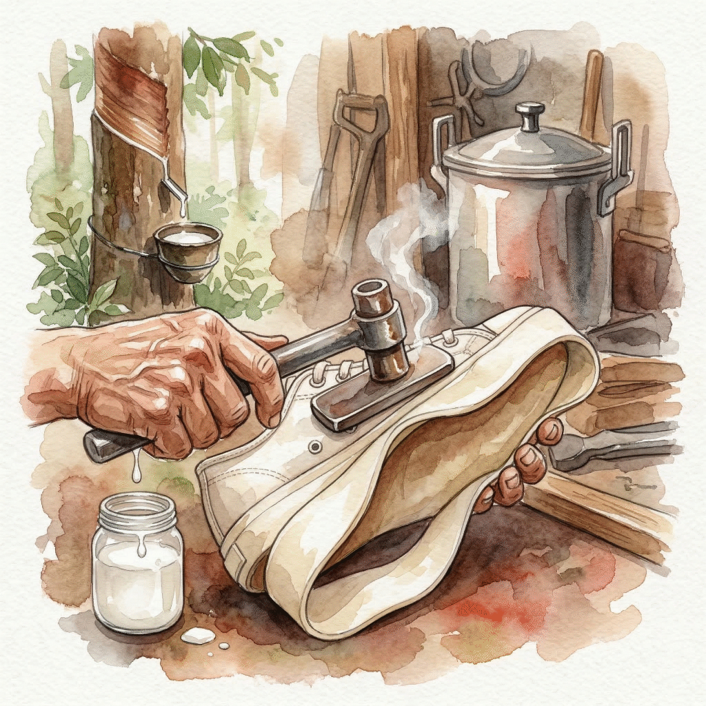 A craftsperson pressing rubber around a shoe form before vulcanizing in a large heated chamber (watercolor illustration)