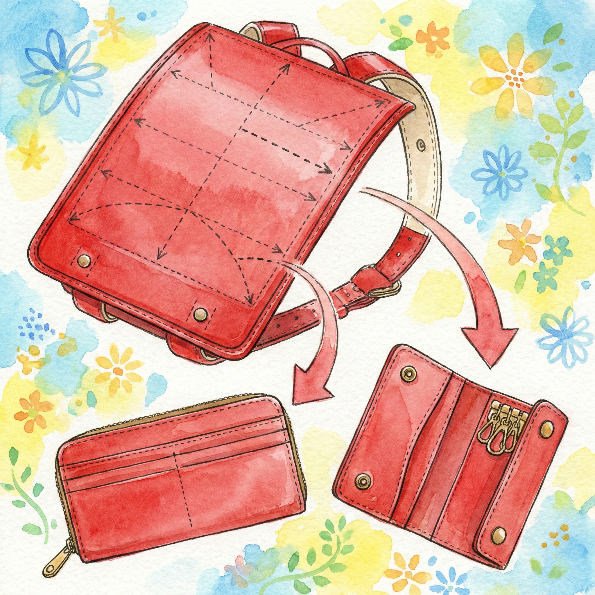 Illustration showing a worn randoseru flap being transformed into a stylish long wallet and key case