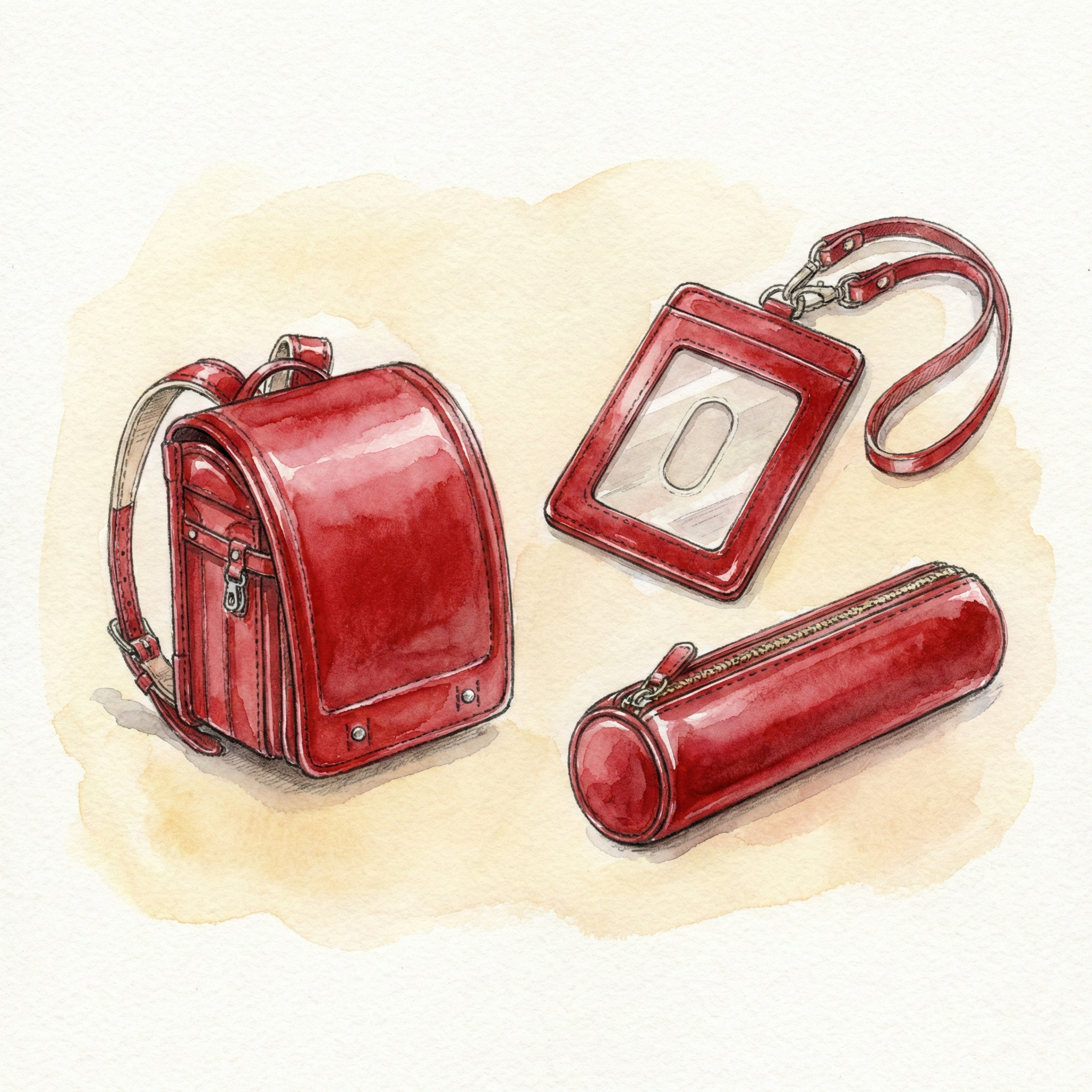 Comparison illustration: a decorative mini randoseru beside a wallet, pen case, and pass holder — practical alternatives