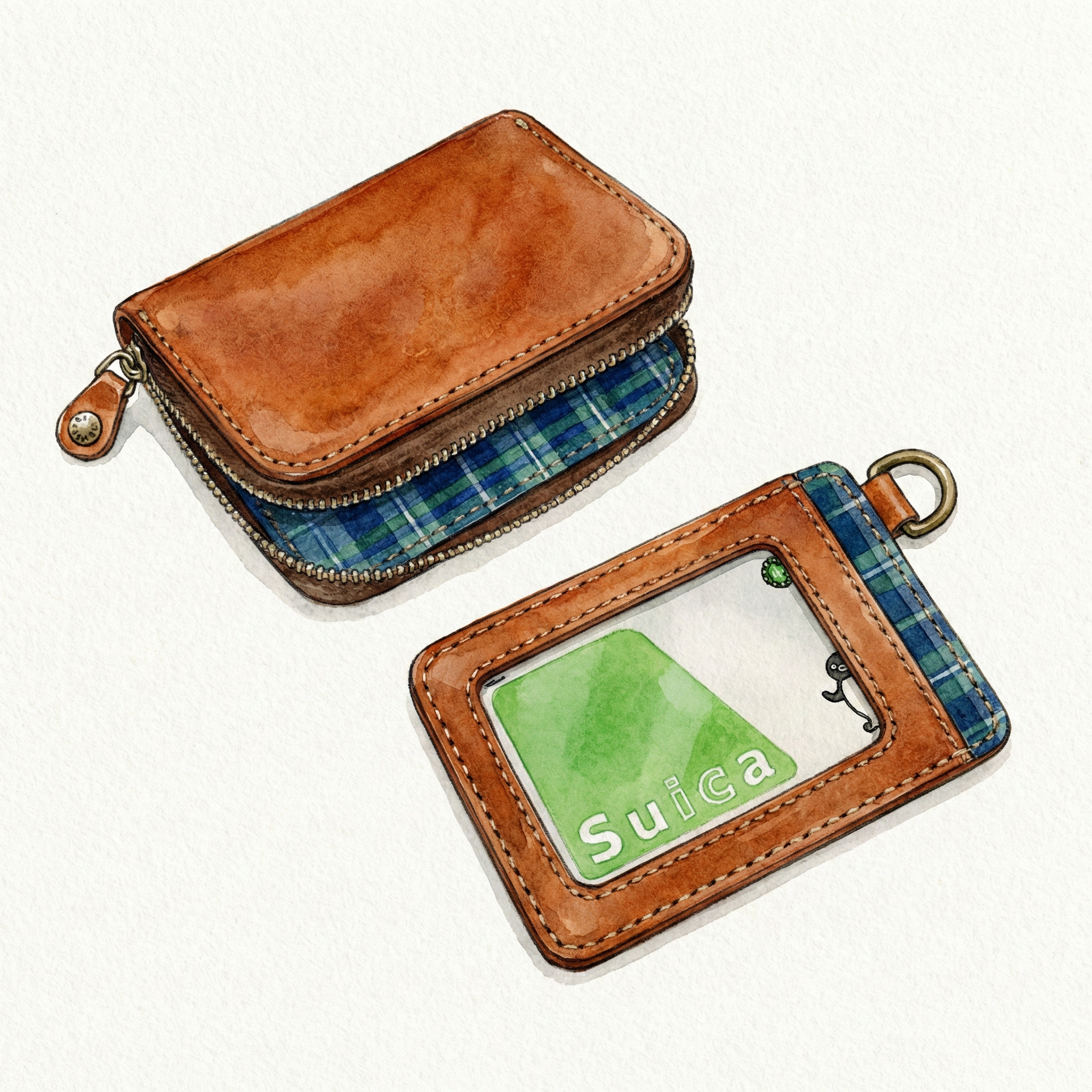 Illustration of an L-zip wallet and a pass holder made from randoseru leather