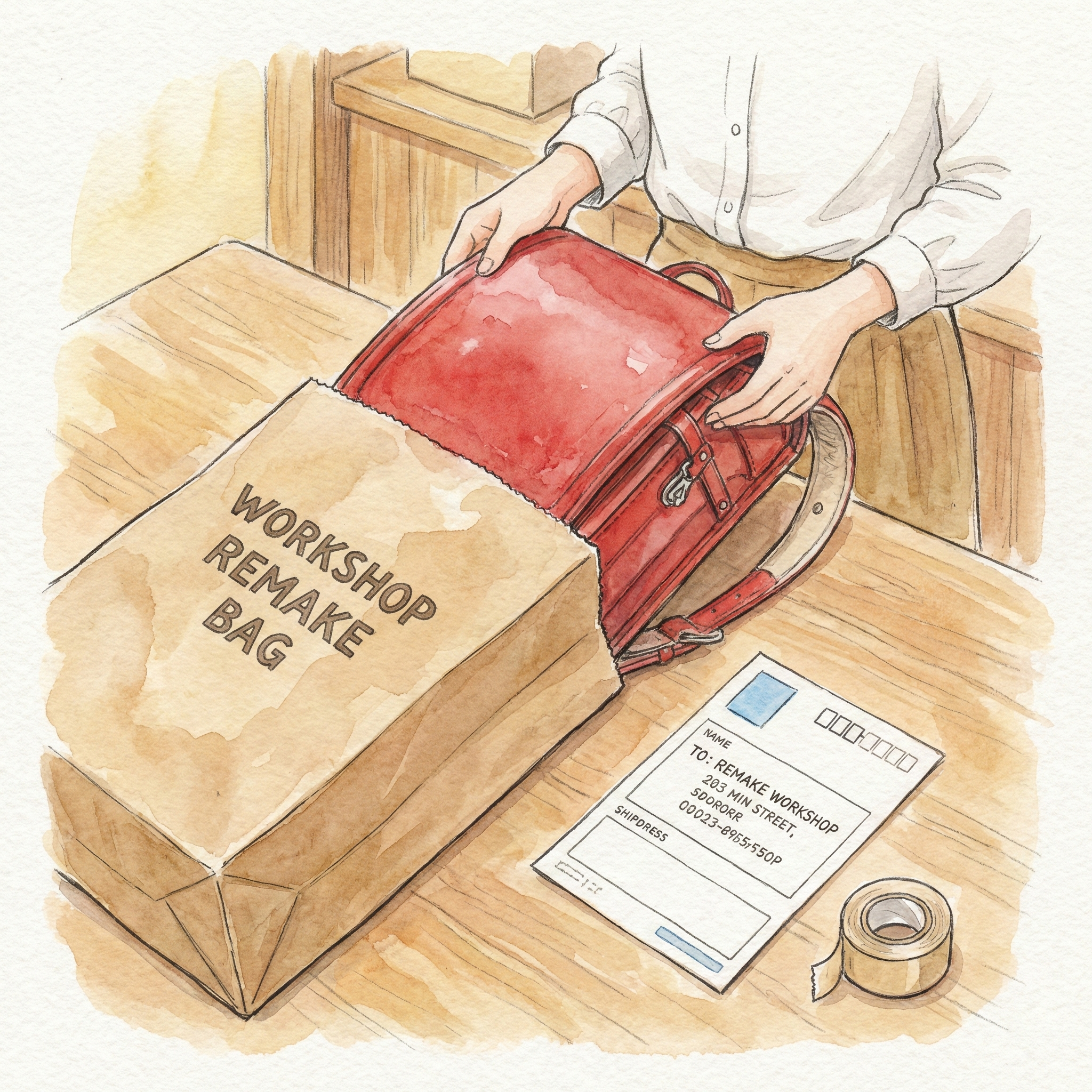 Illustration showing a randoseru being placed into a workshop-supplied shipping bag for pickup