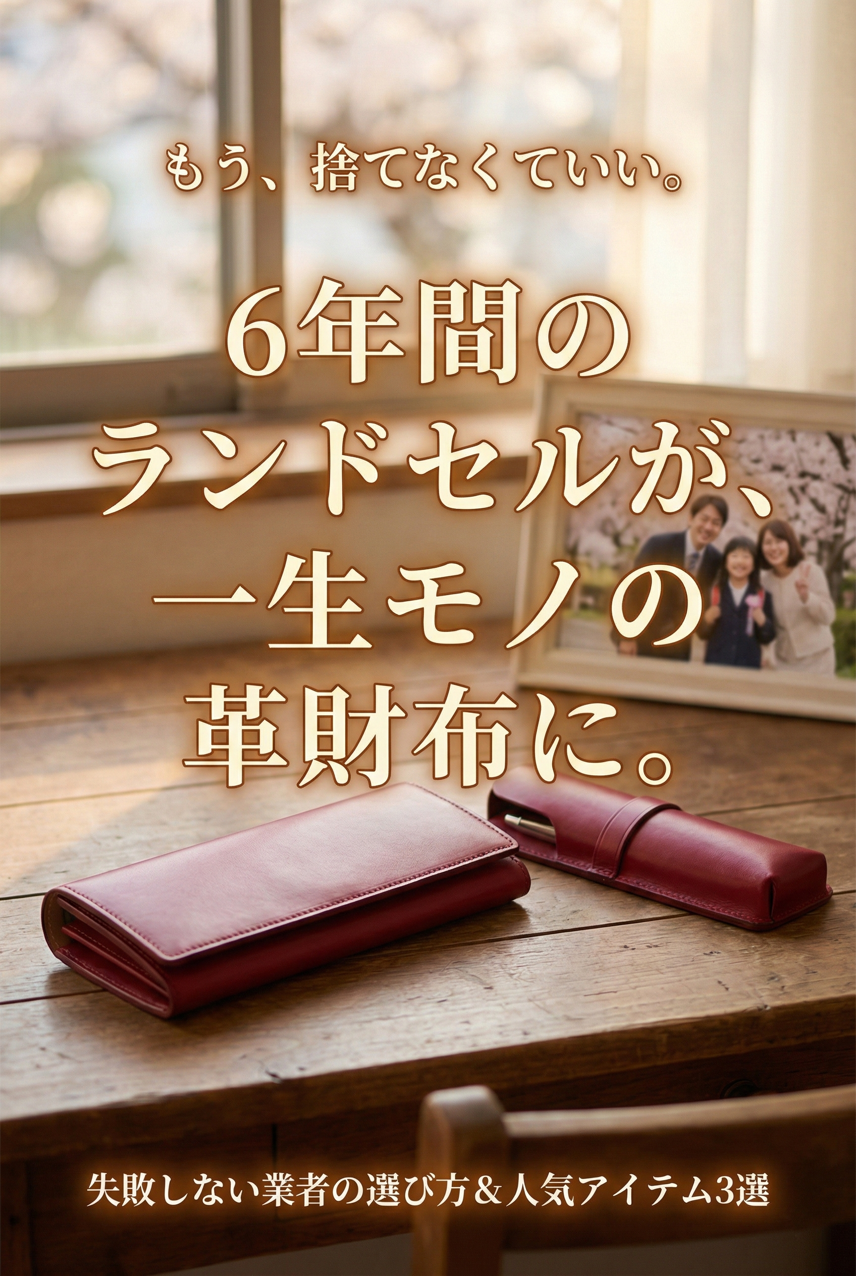A wallet and pen case made from randoseru leather resting on a desk — memories transformed into something carried forward