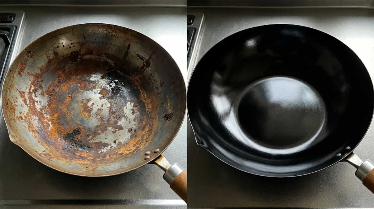 Worn frying pan restored to like-new condition through professional recoating