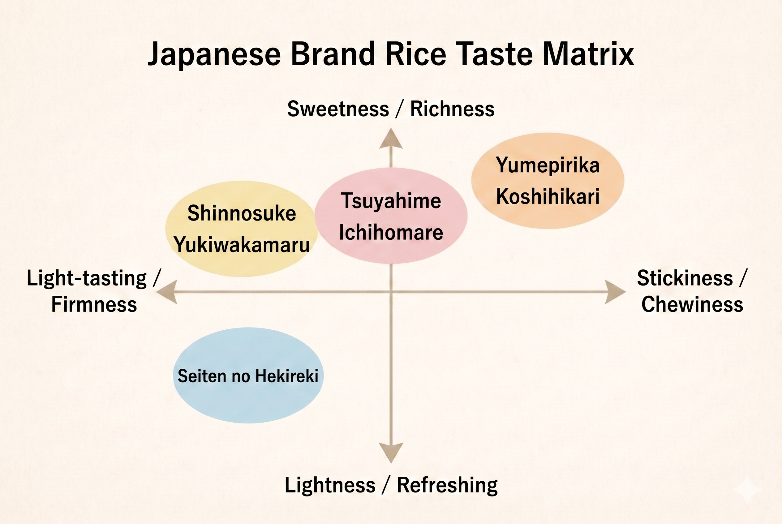 A flavor and texture matrix mapping Japan's major brand rice varieties from sticky/sweet to firm/clean