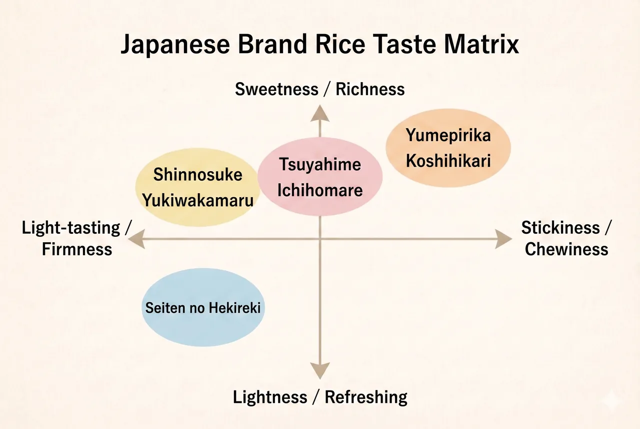 A flavor and texture matrix mapping Japan's major brand rice varieties from sticky/sweet to firm/clean