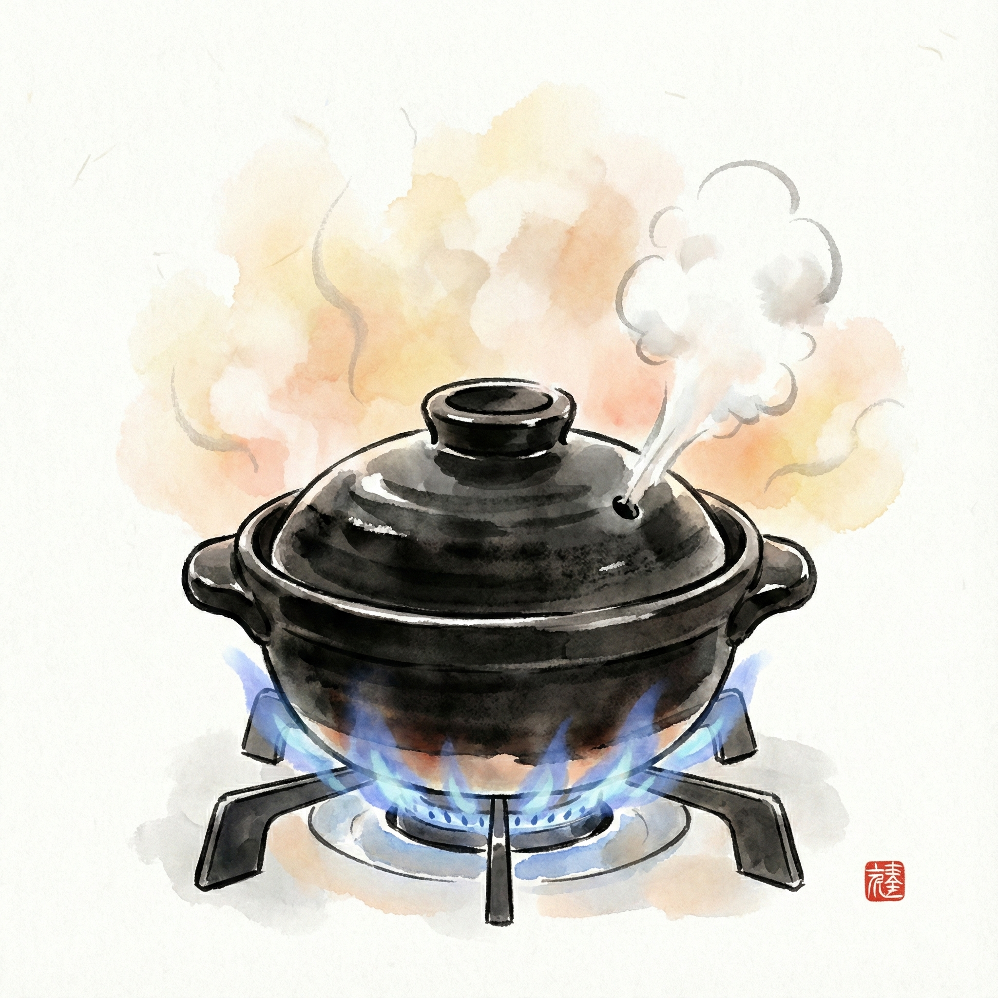 Illustration of rice being cooked in a clay donabe pot with steam rising from the lid