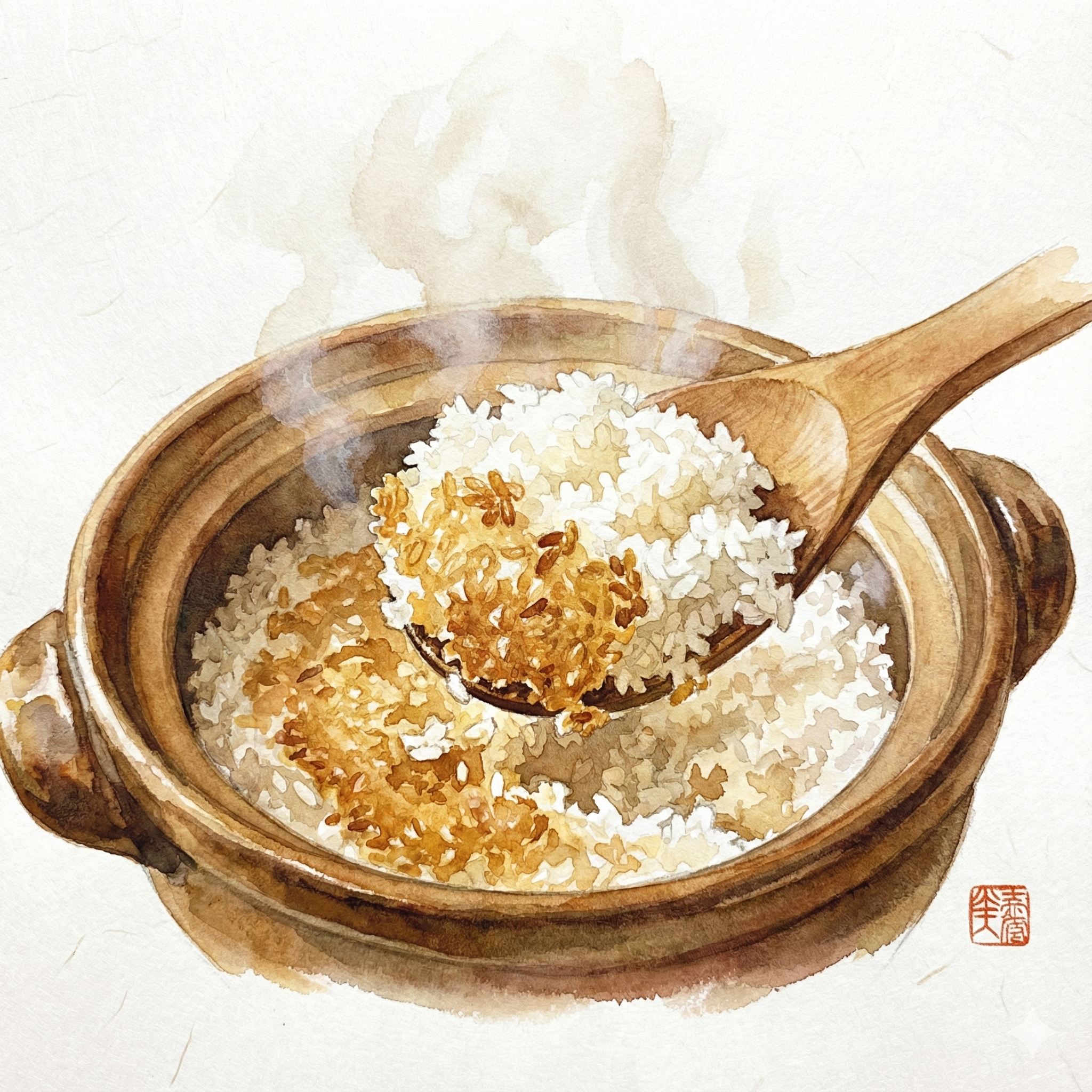 Illustration of a rice paddle scooping out crispy okoge from the bottom of a clay donabe