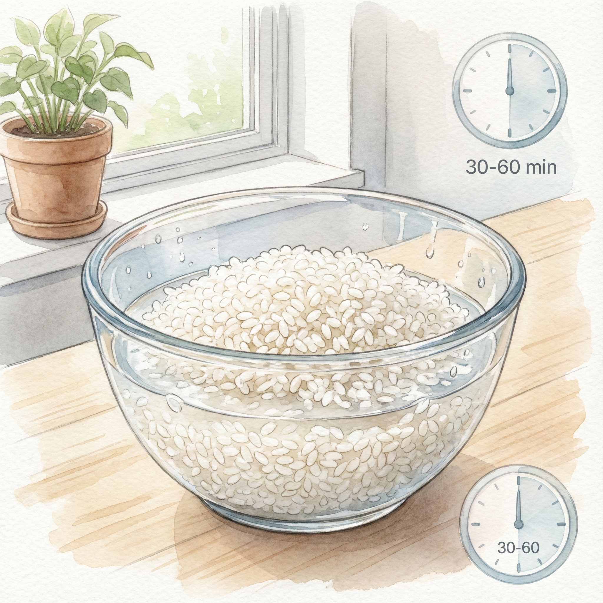 Illustration of rice grains soaking in water, turning white and opaque as they absorb moisture