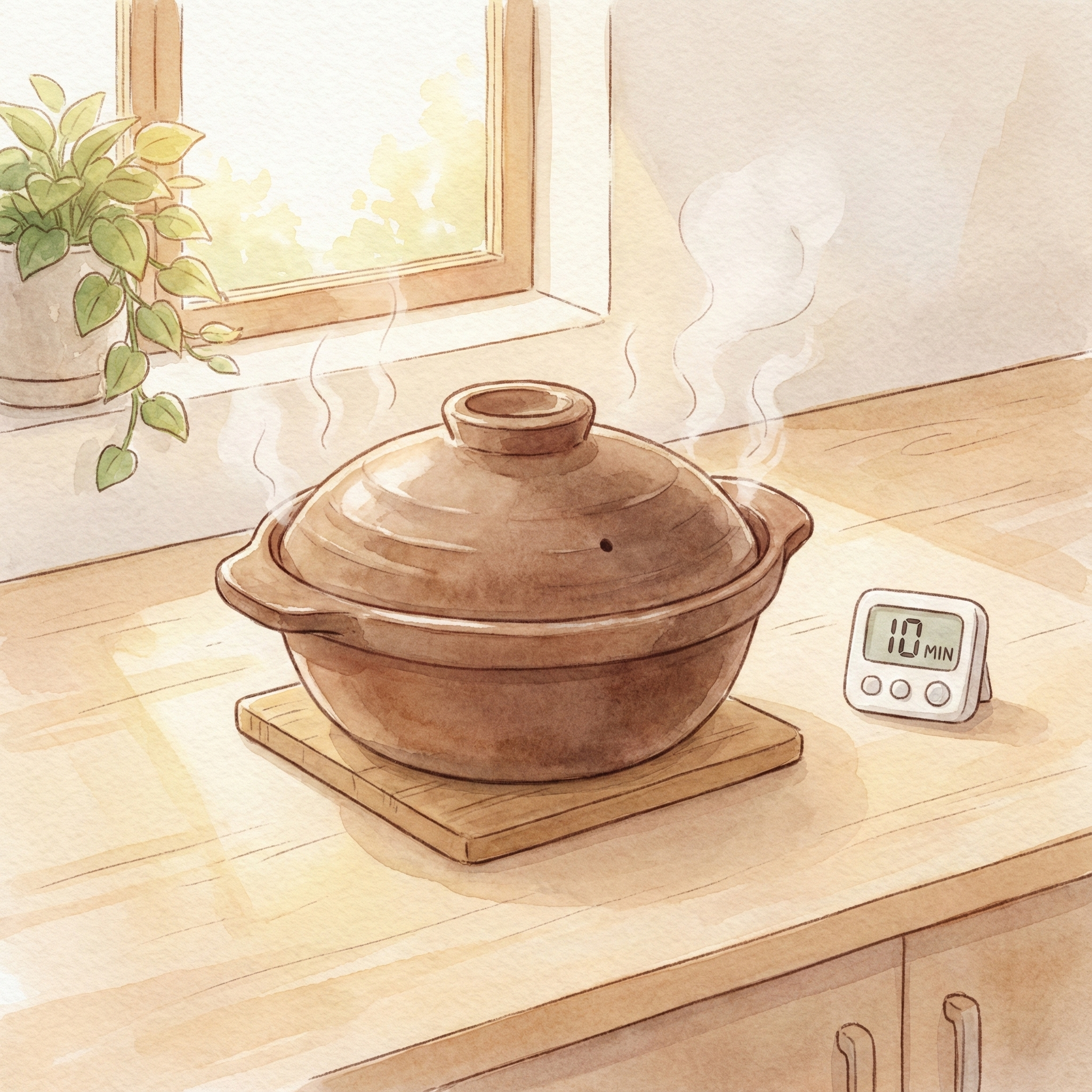 Illustration of a donabe pot with the lid on, resting off the heat during the steaming phase