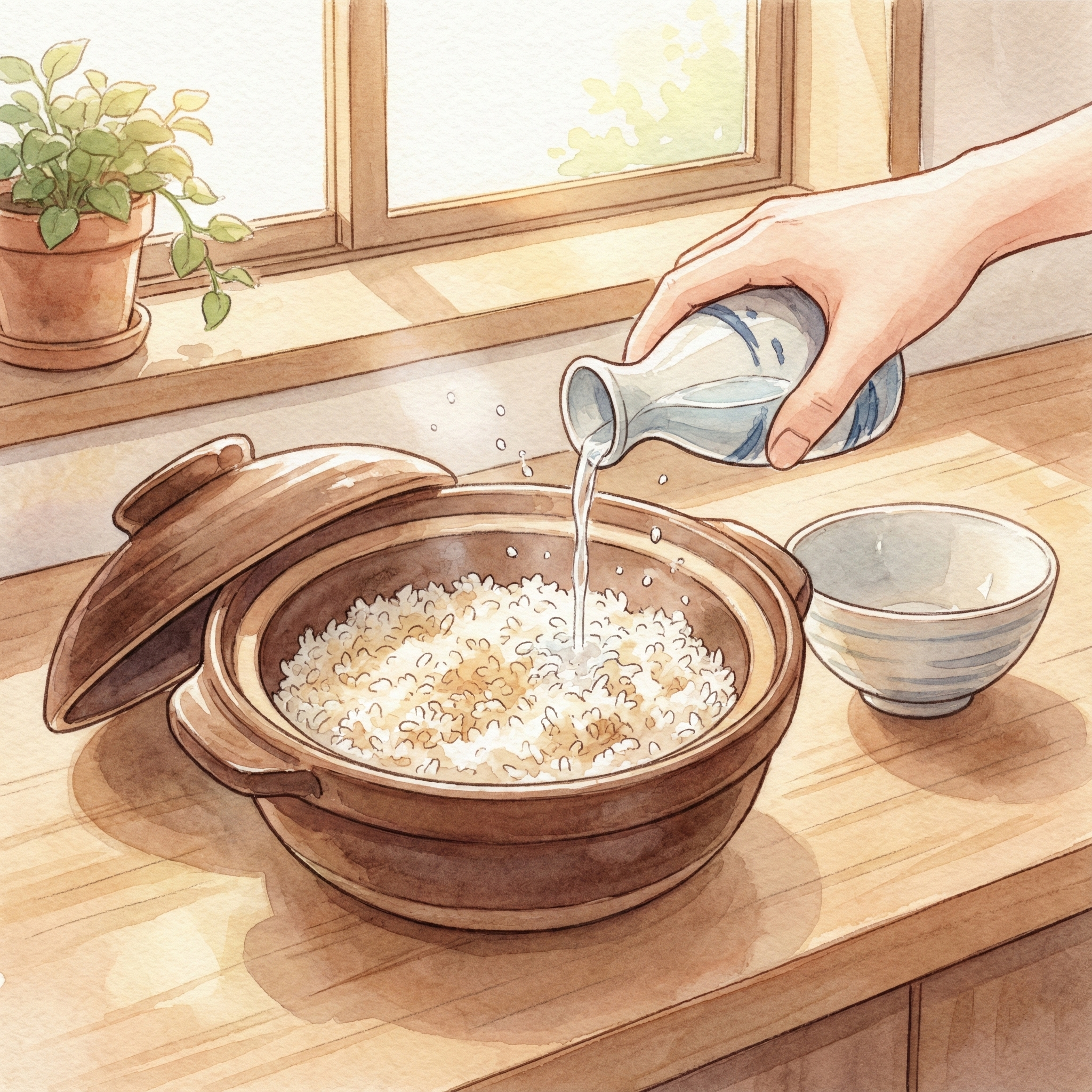 Illustration of sprinkling sake over undercooked donabe rice to rescue it