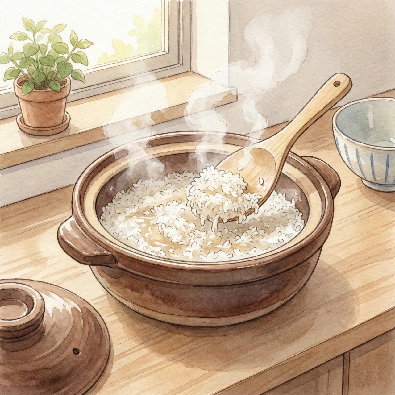 Illustration of mushy donabe rice being repurposed as zosui porridge