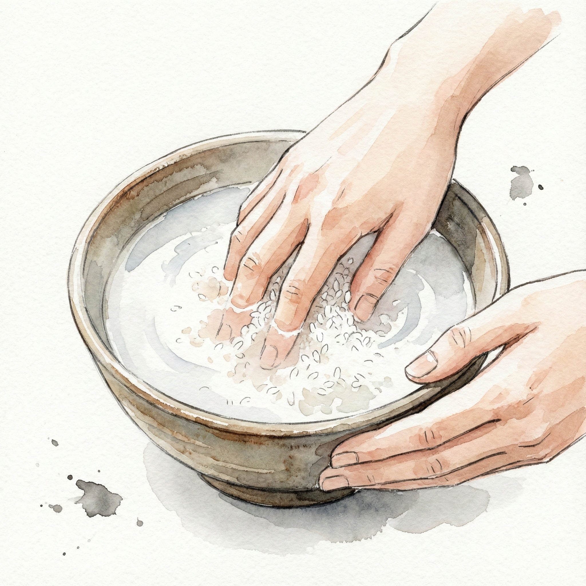 Illustration of hands gently washing rice with fingertips, not pressing down