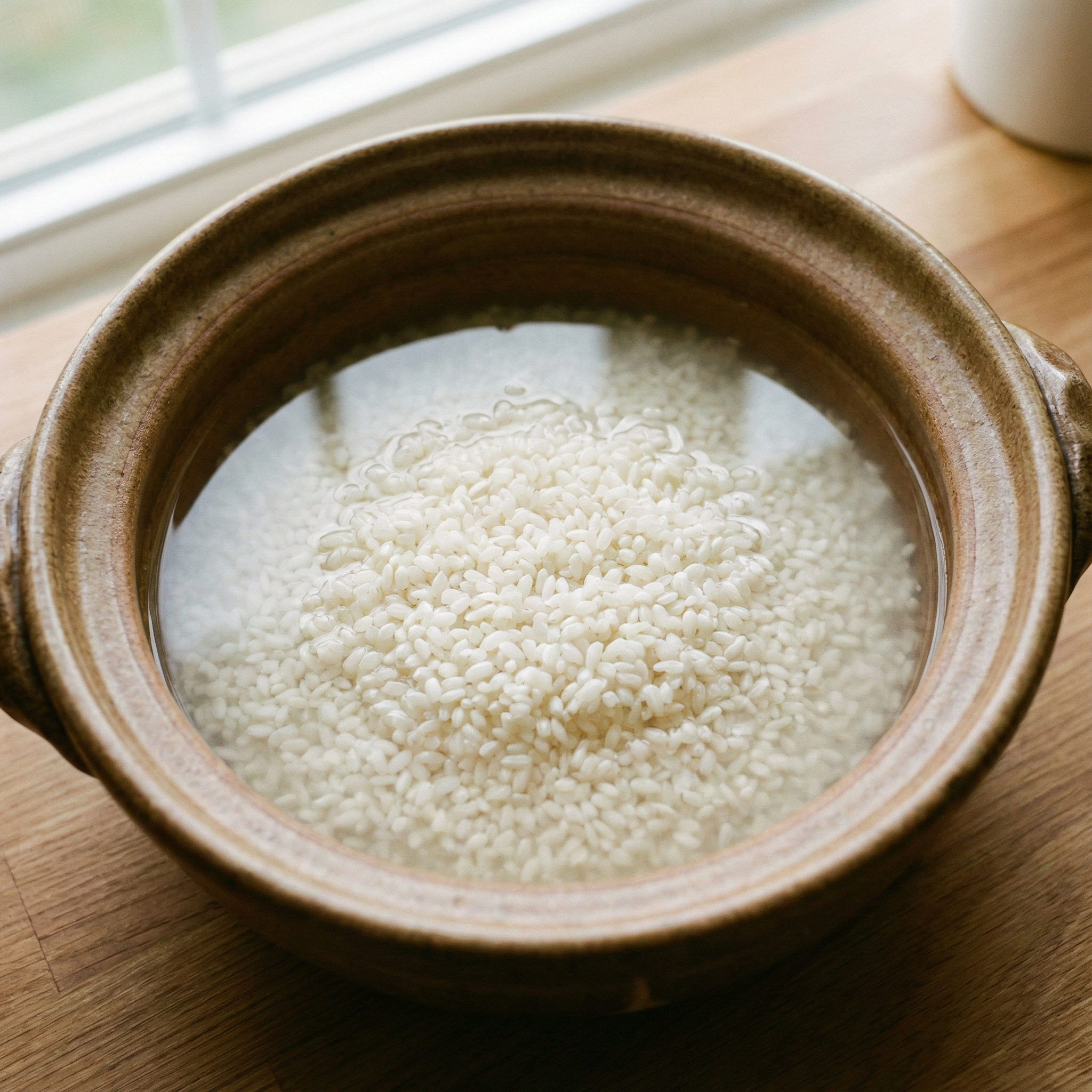 Rice and water inside a donabe, grains turning white as they soak