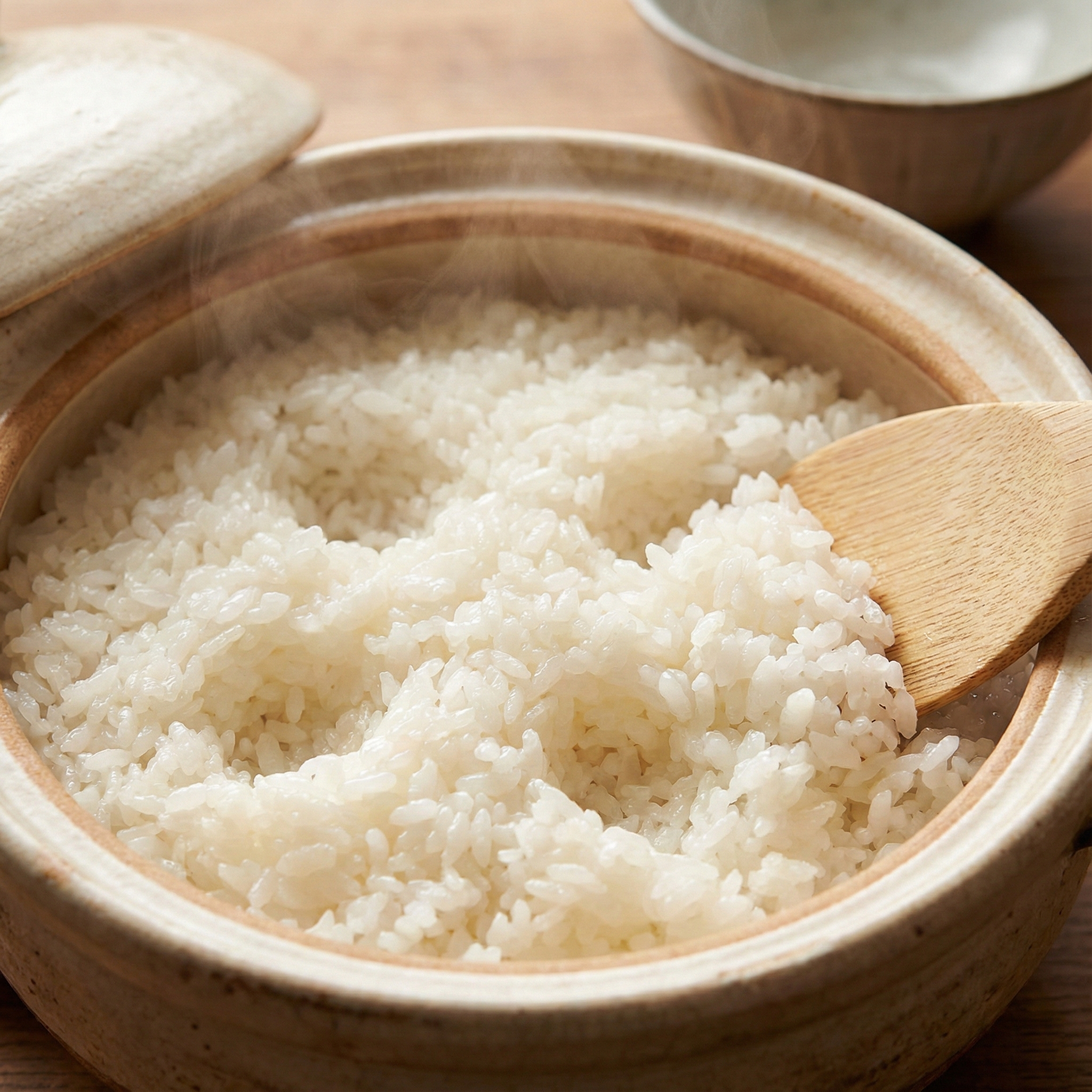 Lid lifted on the donabe revealing glossy, steaming rice with visible crab-hole vents