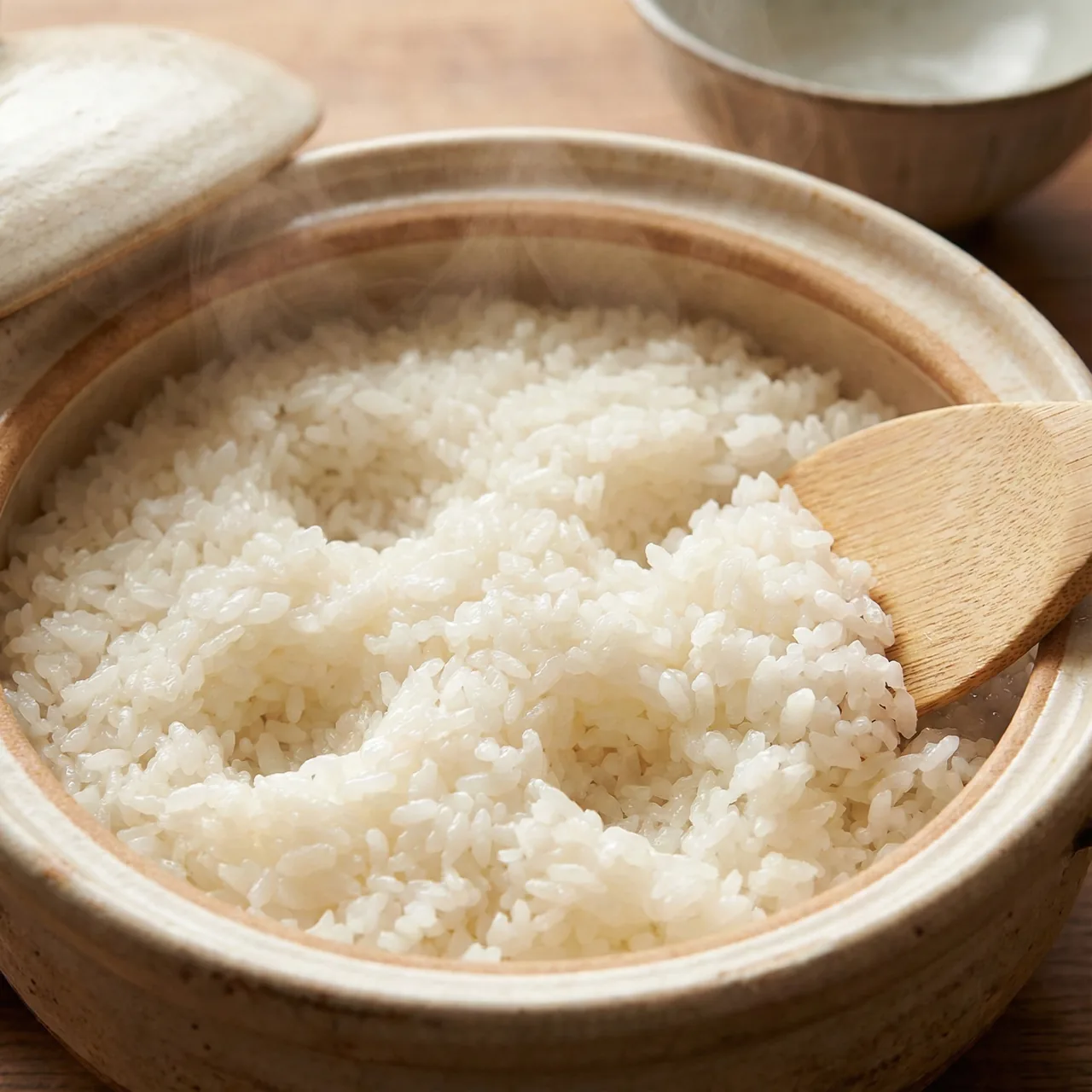 Lid lifted on the donabe revealing glossy, steaming rice with visible crab-hole vents