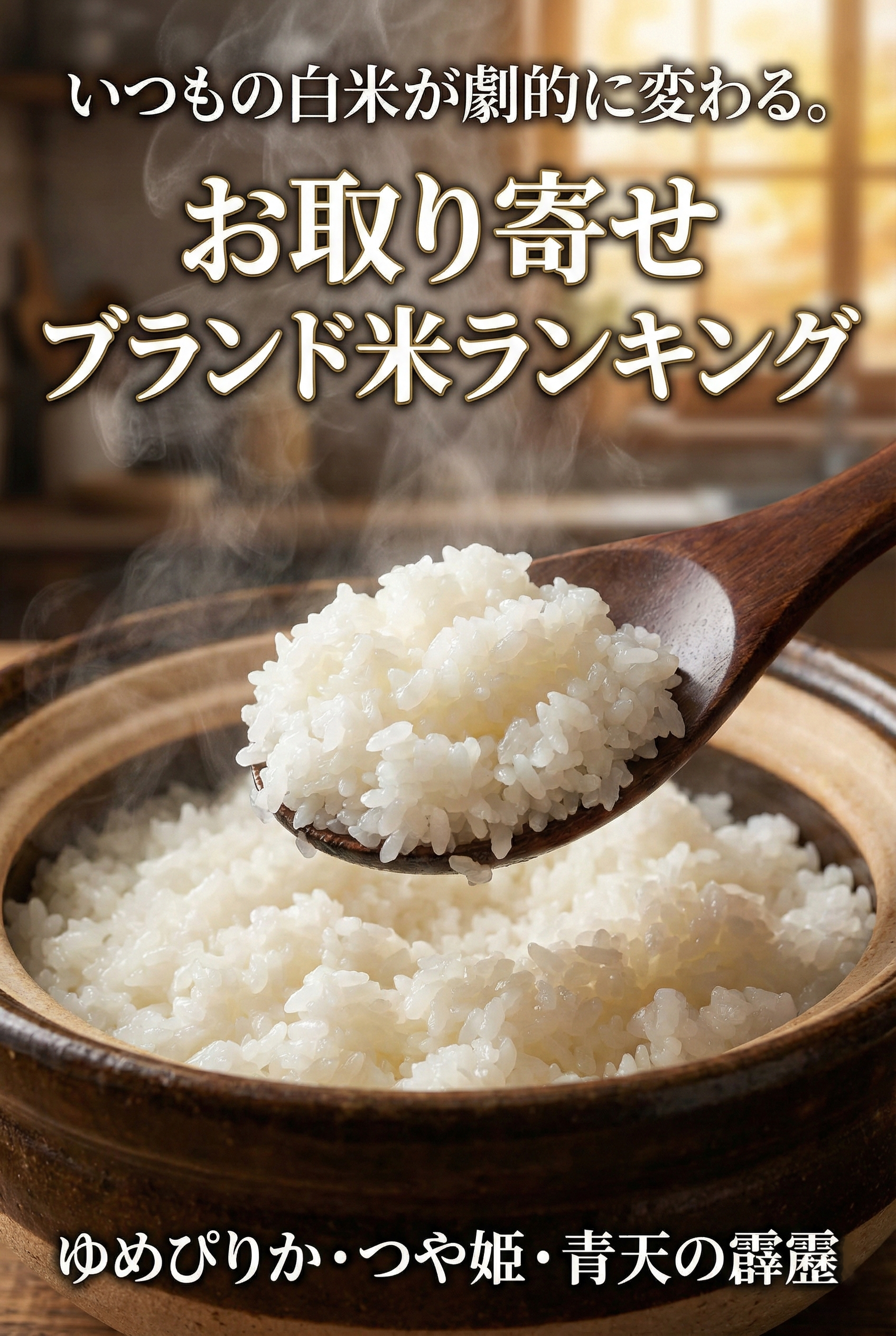 Freshly cooked white rice being lifted with chopsticks — glossy, steaming, perfect