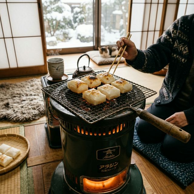 Mochi being cooked on a roasting net placed on top of a kerosene heater