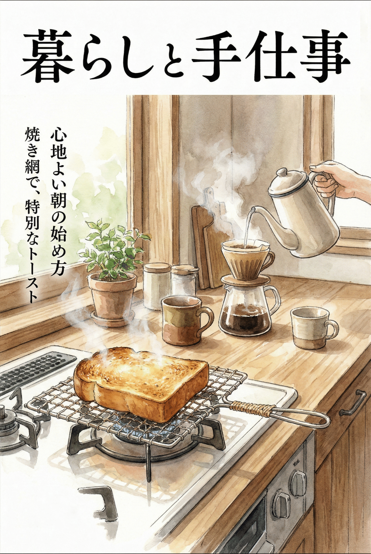 Morning light in a kitchen, a hand-woven roasting net on the stove with coffee and toast being prepared
