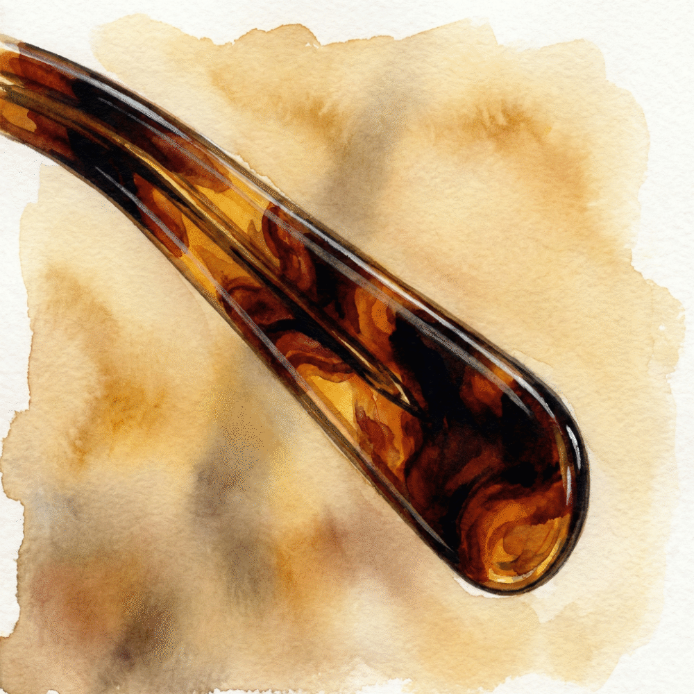 Close-up illustration of a black celluloid eyeglass frame showing the material's distinctive deep gloss and subtle warmth — a finish only achievable by hand-polishing