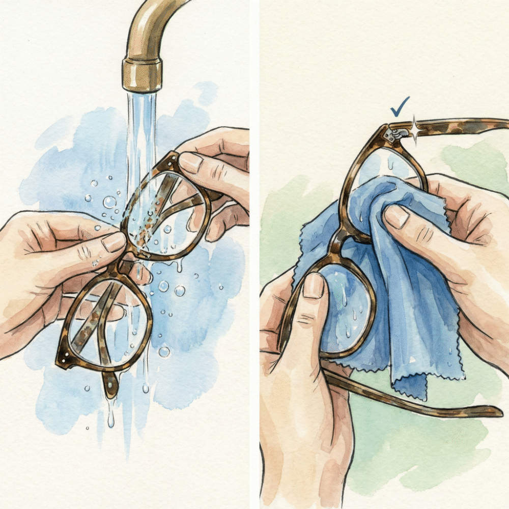 Illustration of eyeglasses being rinsed under a gentle water stream and then dried with a soft cloth — the daily care routine that prevents frame whitening