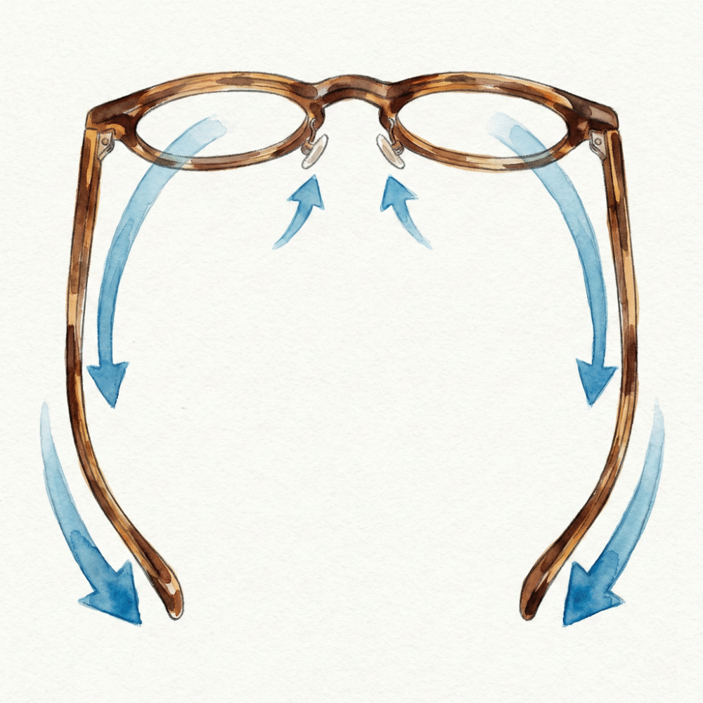 Top-view diagram of eyeglasses on a head showing how the temple arms curve inward to follow the skull shape, with the rear weighting reducing nose bridge pressure