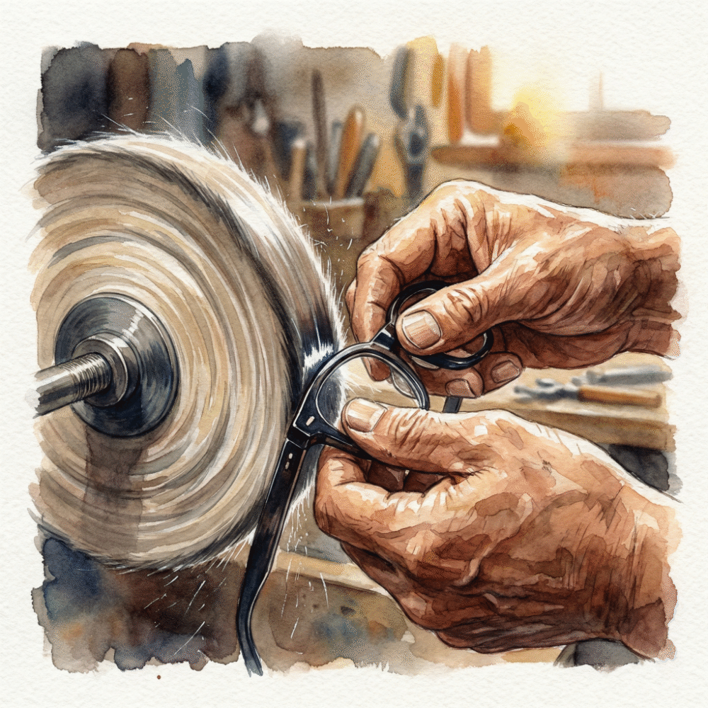 Illustration of a Sabae craftsperson hand-polishing an eyeglass frame against a buffing wheel, working with focused precision