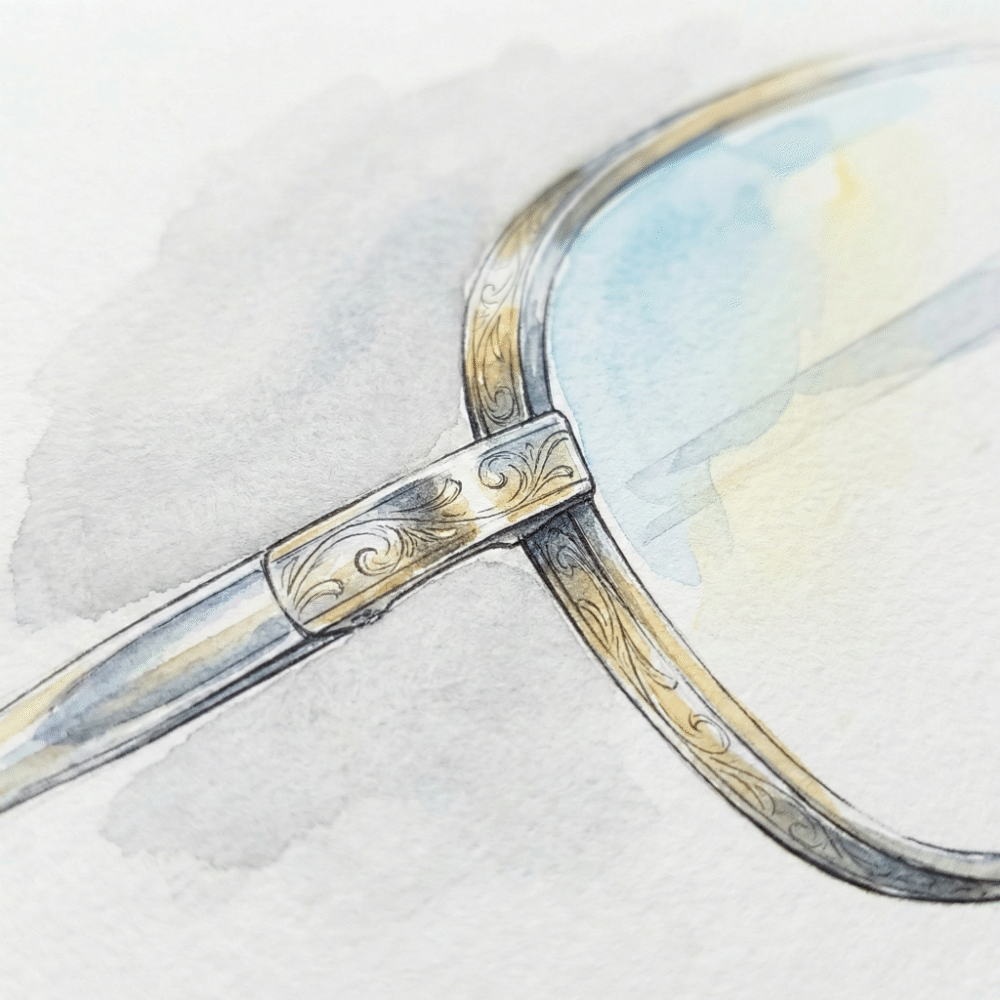 Close-up illustration of a slim titanium eyeglass frame showing its clean metallic sheen and feather-light construction