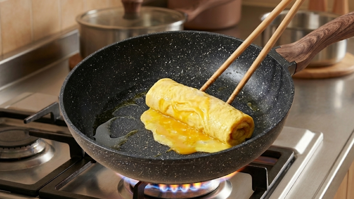 Close-up of a non-stick coated Japanese frying pan surface showing the smooth fluoropolymer coating finish