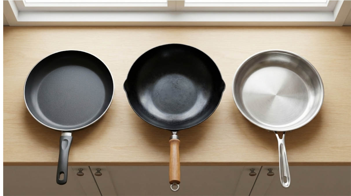 Comparison of coated aluminum, uncoated stainless, and iron Japanese frying pans showing the three main safe options