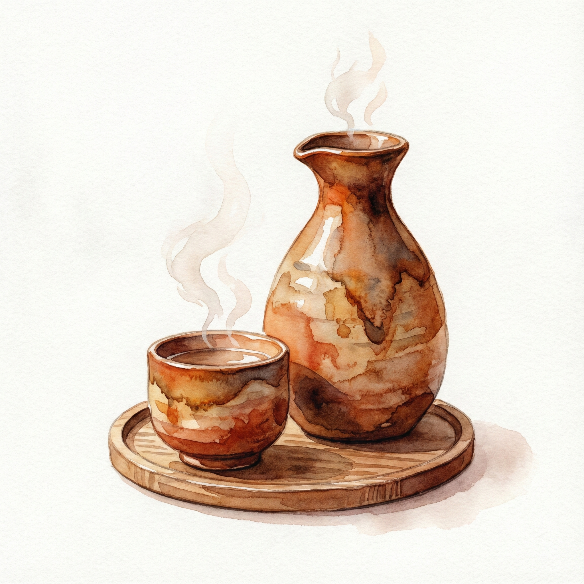 Illustration of a steaming tokkuri sake flask and ochoko cups on a warm background