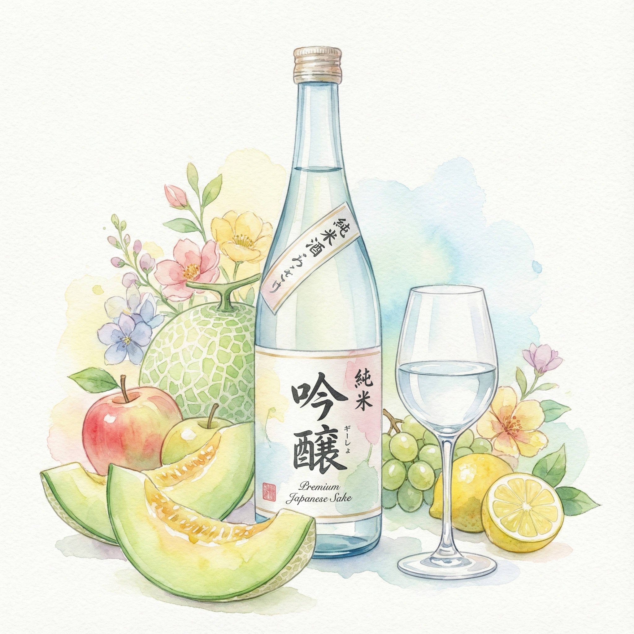 Illustration of fruity ginjo sake in a wine glass with floral aromas