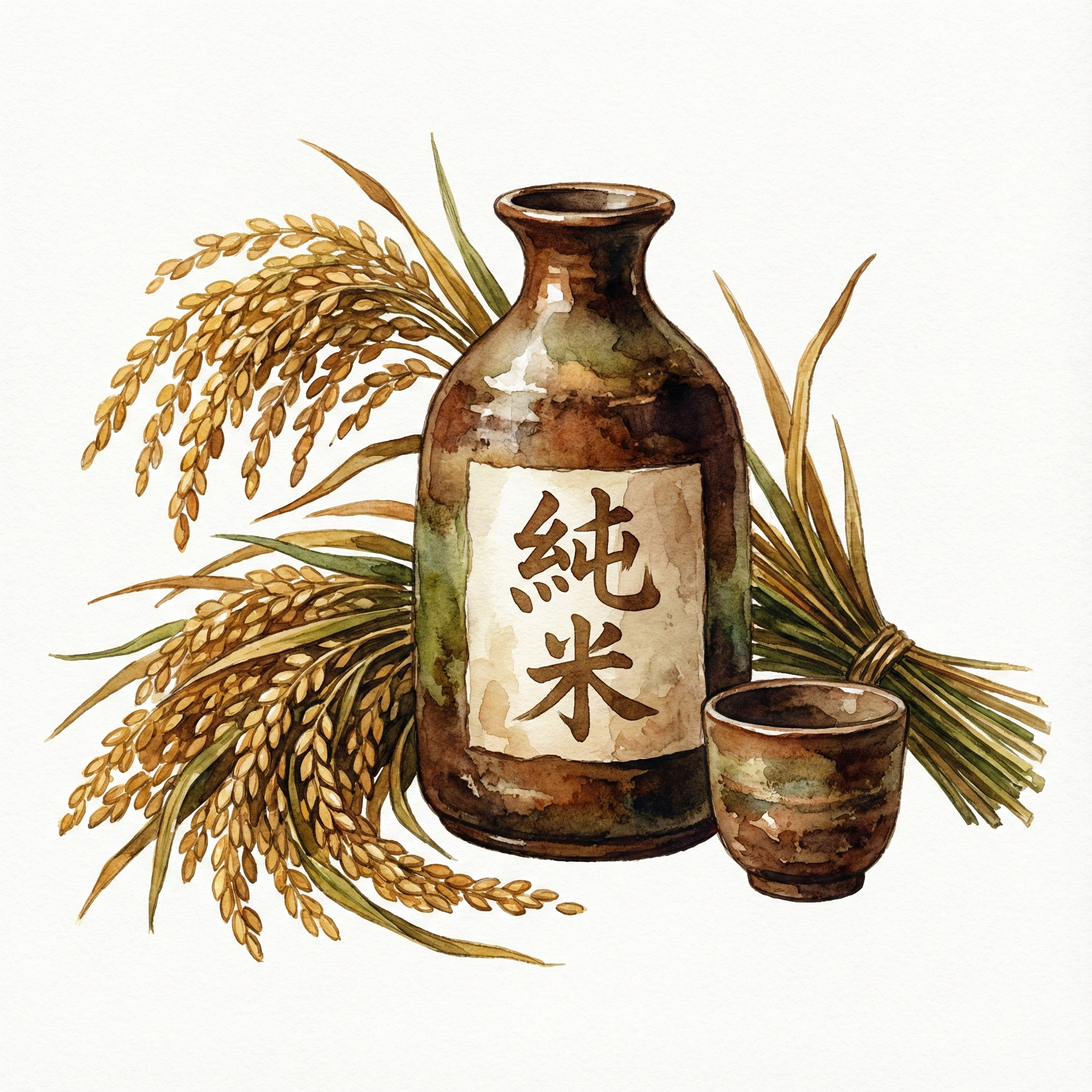 Illustration of a full-bodied junmai sake with rice and earthen tones