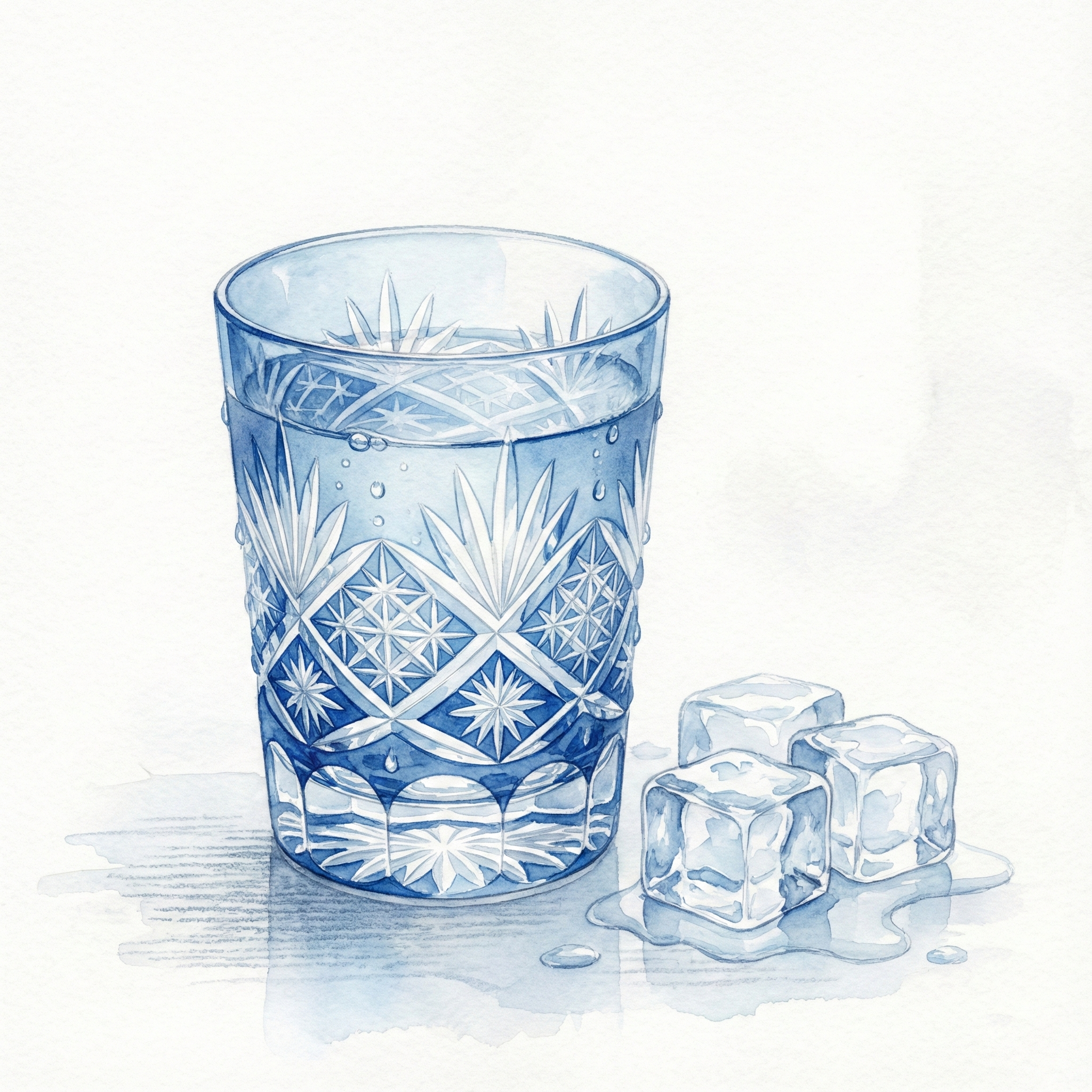 Illustration of chilled sake in a condensation-frosted glass with ice