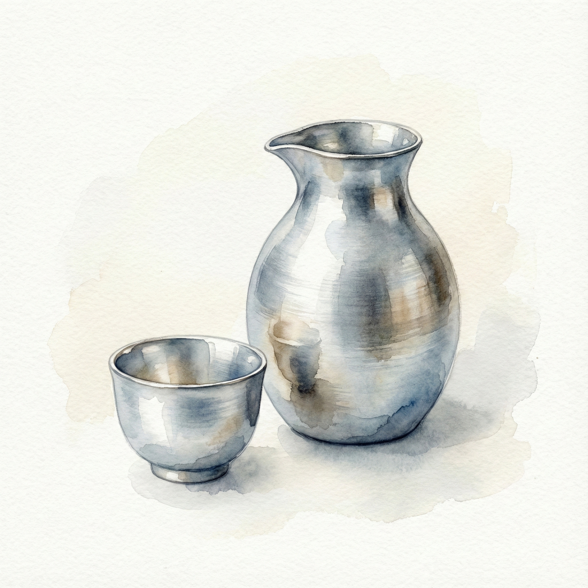 Illustration of a tin ochoko sake cup and choshi sake warmer