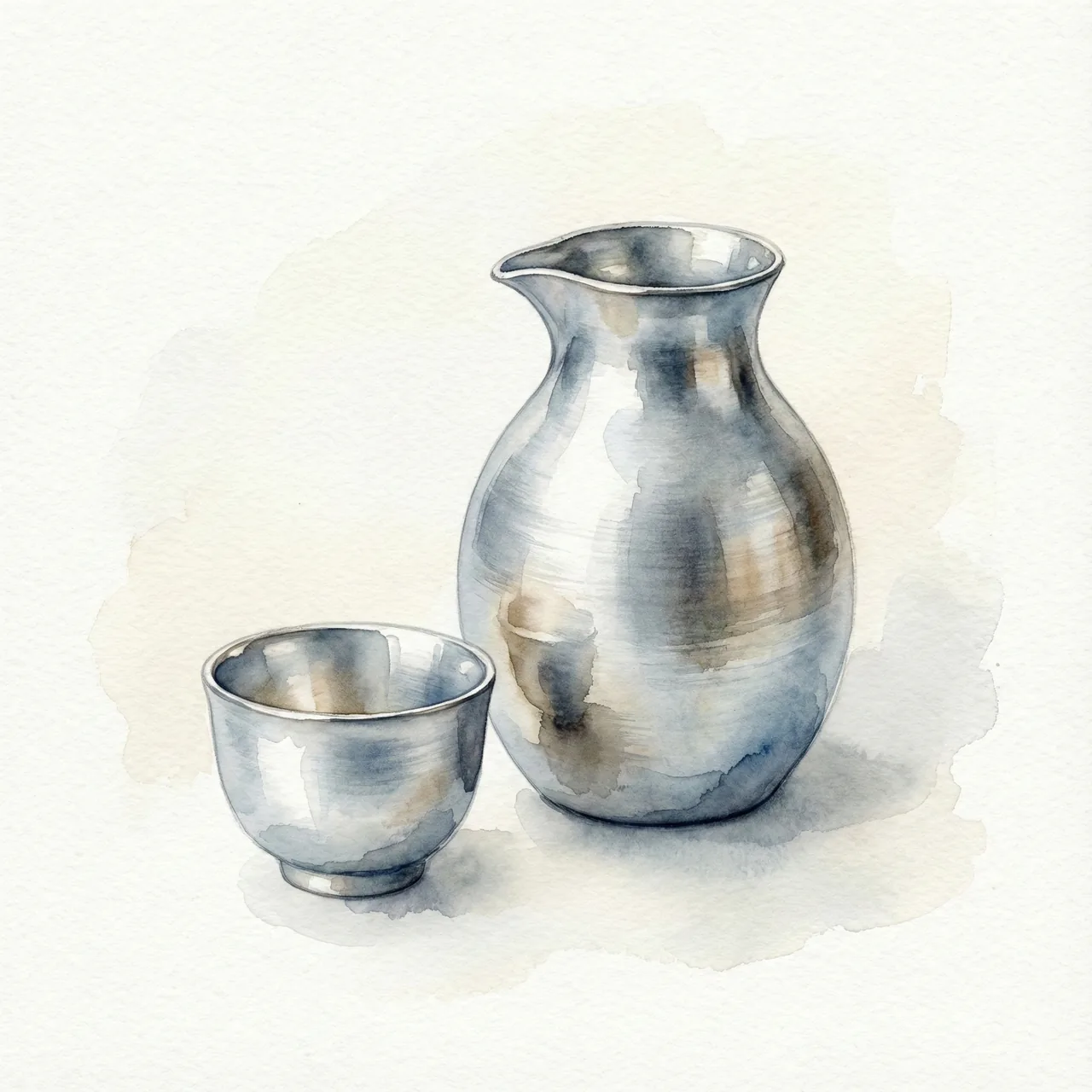 Illustration of a tin ochoko sake cup and choshi sake warmer